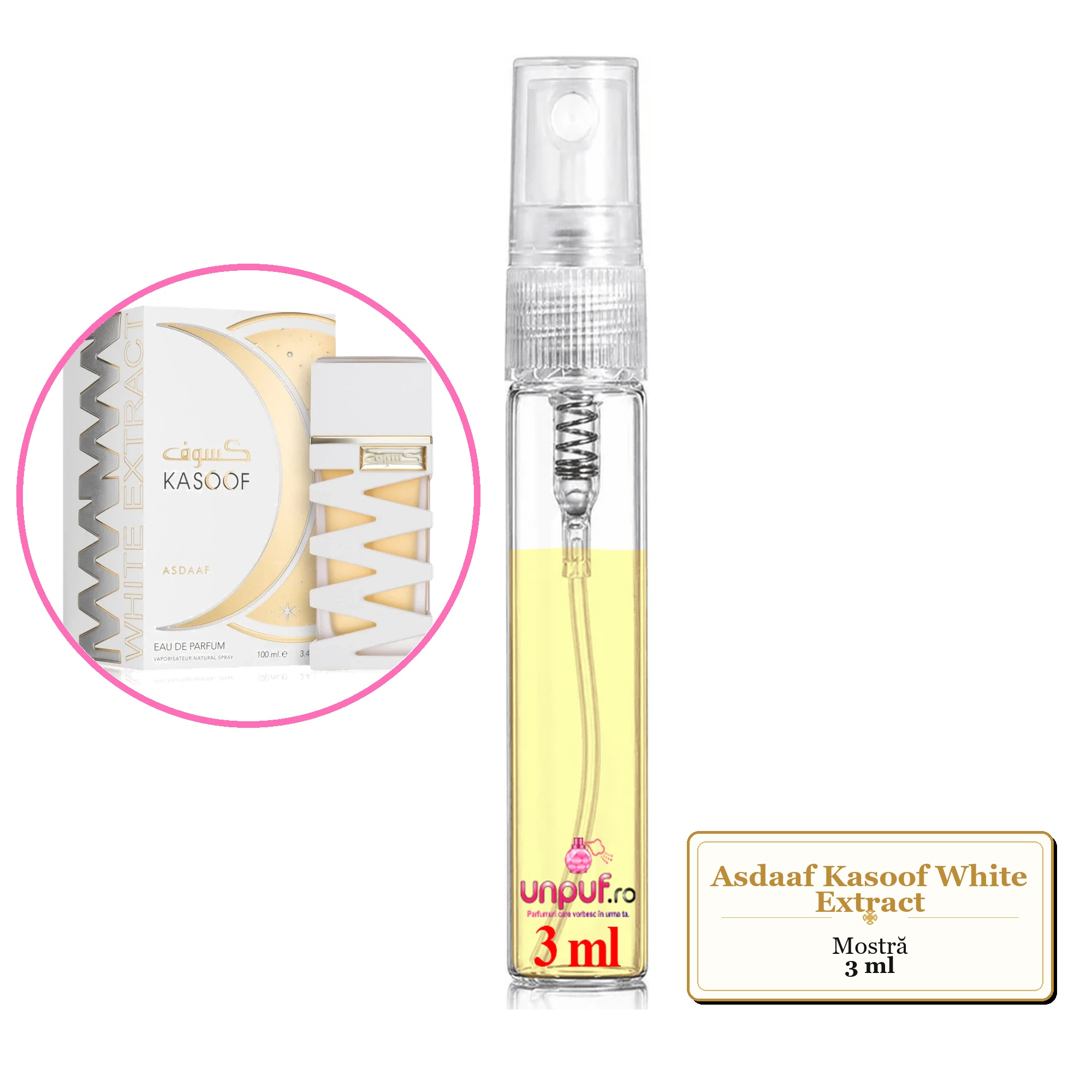 Mostra fiola din Parfumul Asdaaf Kasoof White Extract, decant sticla cu pulverizator 