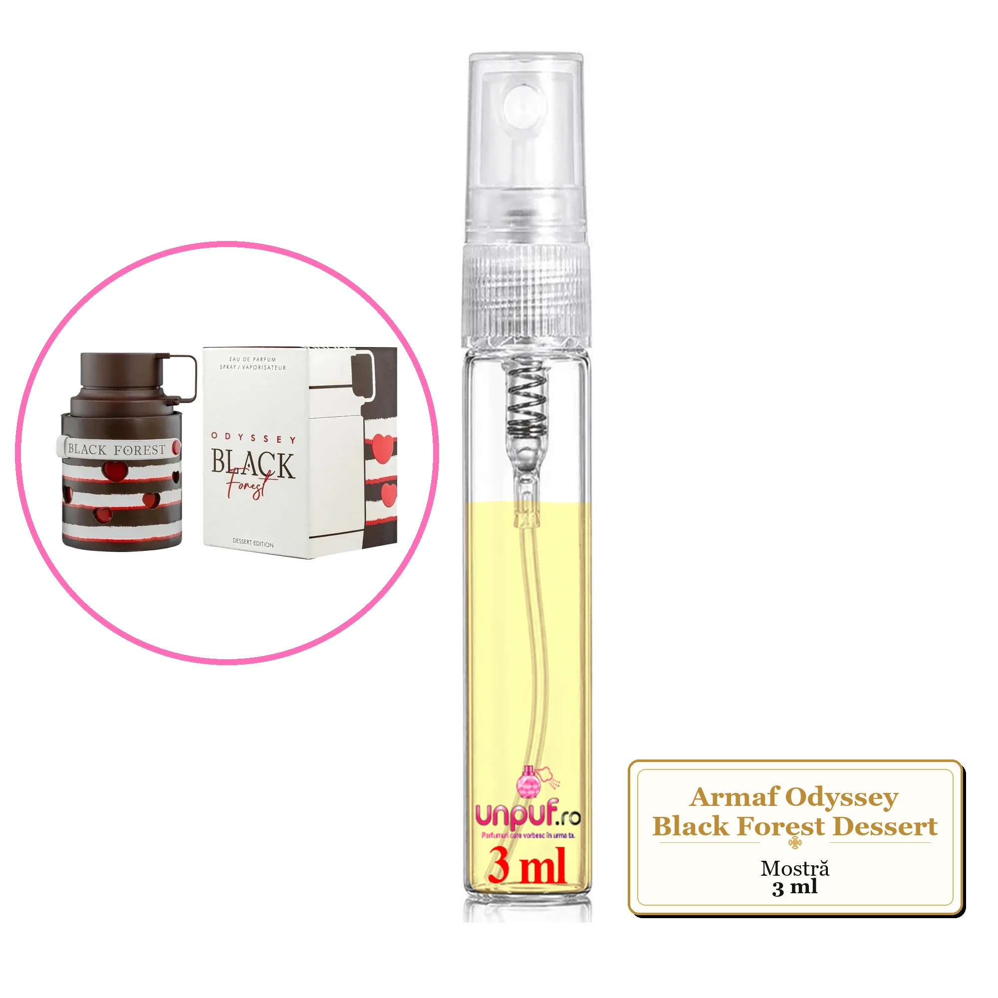 Mostra fiola din Parfumul Armaf Odyssey Black Forest Dessert, decant sticla cu pulverizator