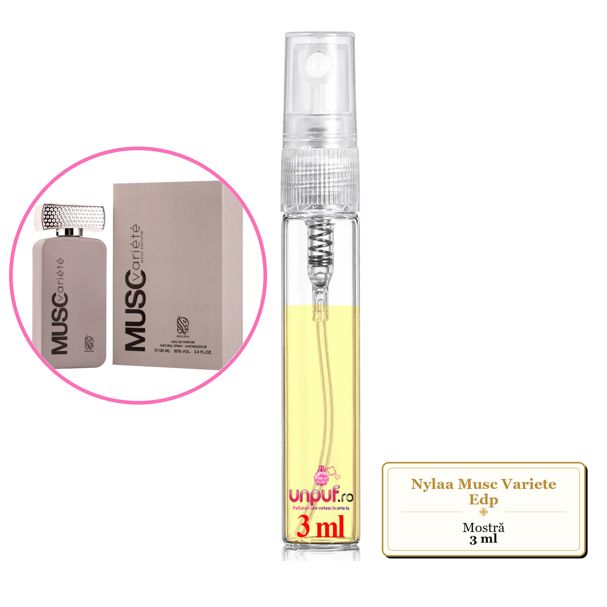 Mostra fiola din Parfumul Nylaa Musc Variete Edp, decant sticla cu pulverizator