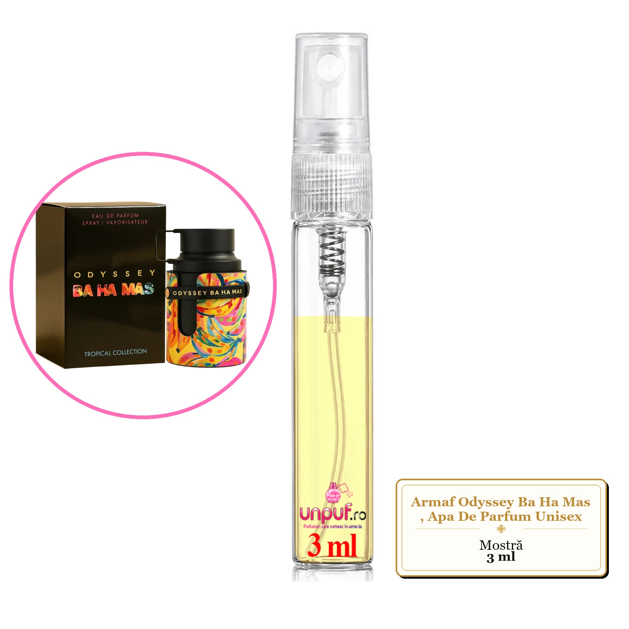 Mostra fiola din Parfumul Armaf Odyssey Ba Ha Mas, Apa De Parfum Unisex, decant sticla cu pulverizator