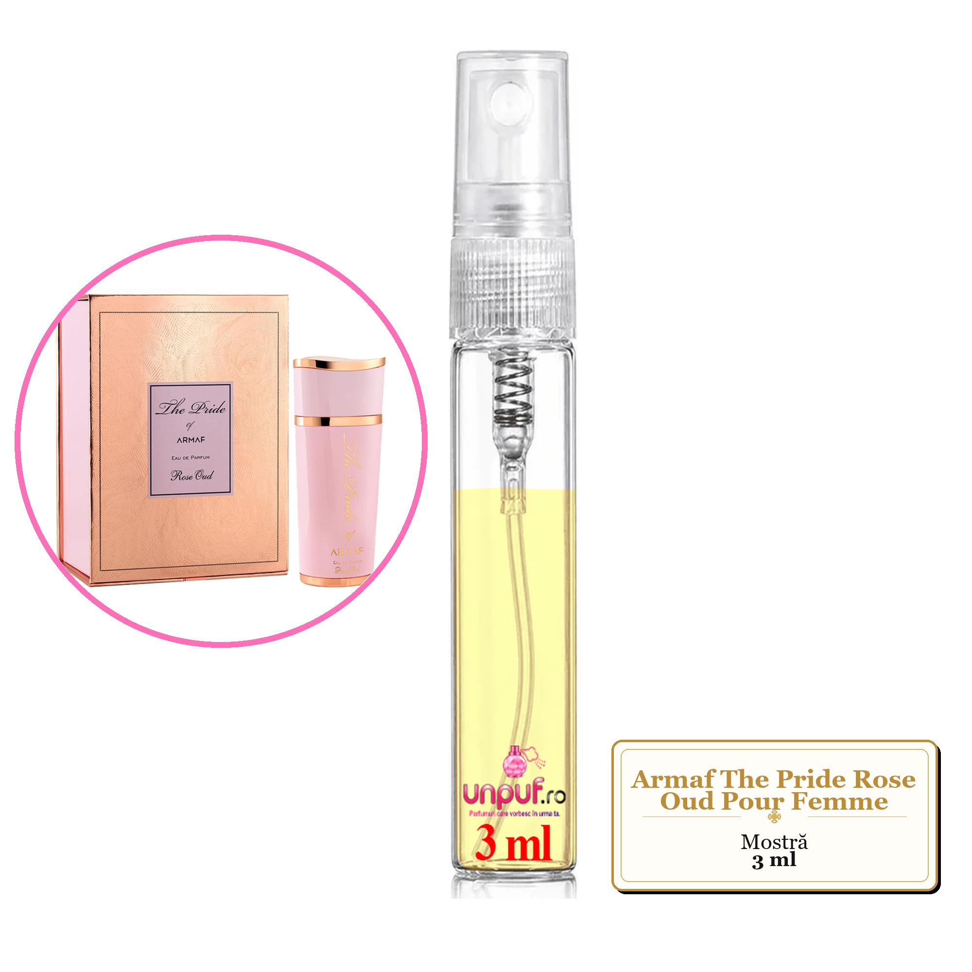 Mostra fiola din Parfumul Armaf The Pride Rose Oud Pour Femme, decant sticla cu pulverizator