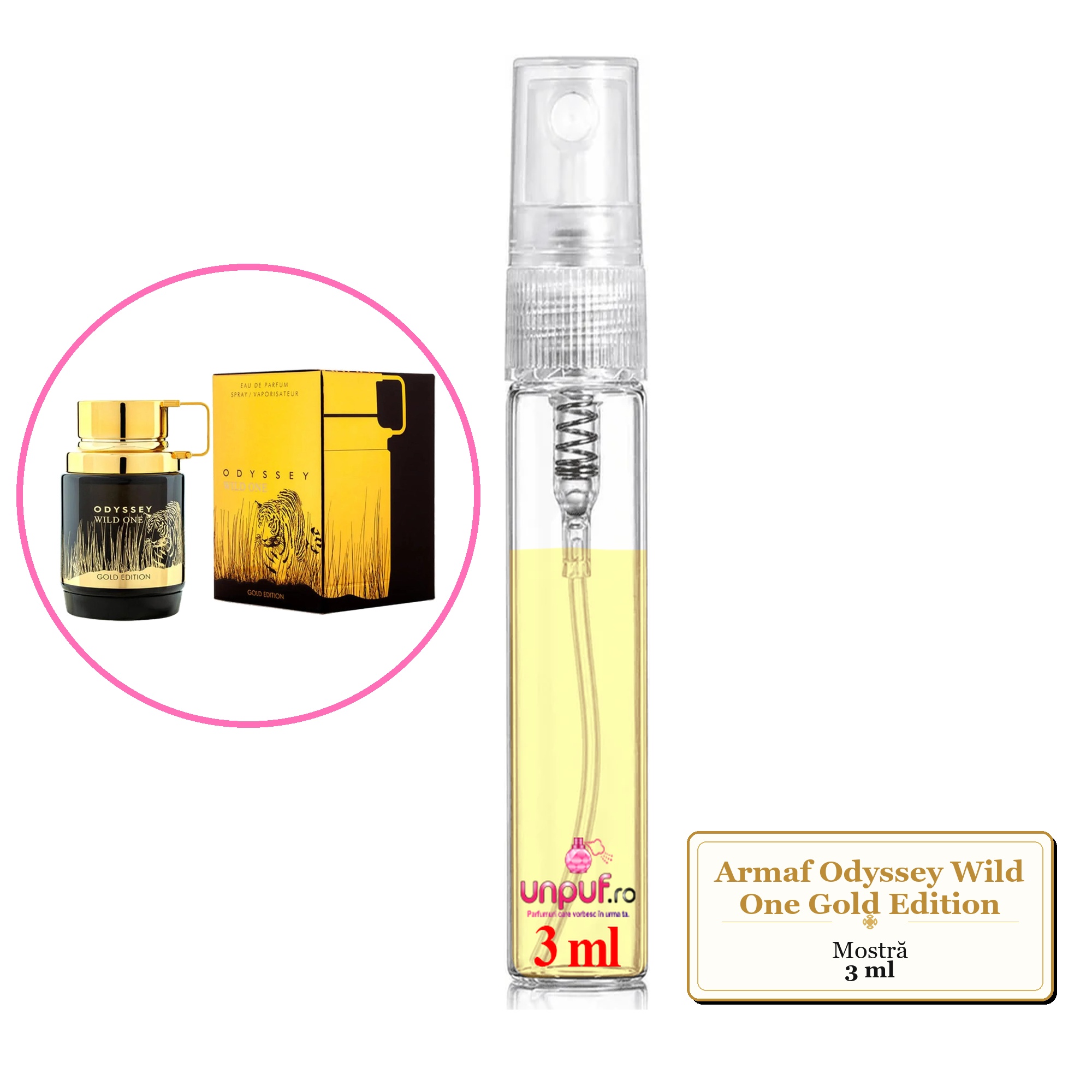 Mostra fiola din Parfumul Armaf Odyssey Wild One Gold Edition, decant sticla cu pulverizator 