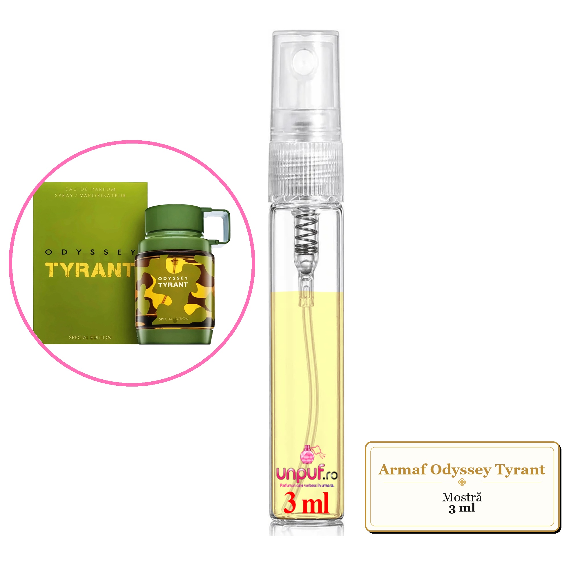 Mostra fiola din Parfumul Armaf Odyssey Tyrant, decant sticla cu pulverizator 
