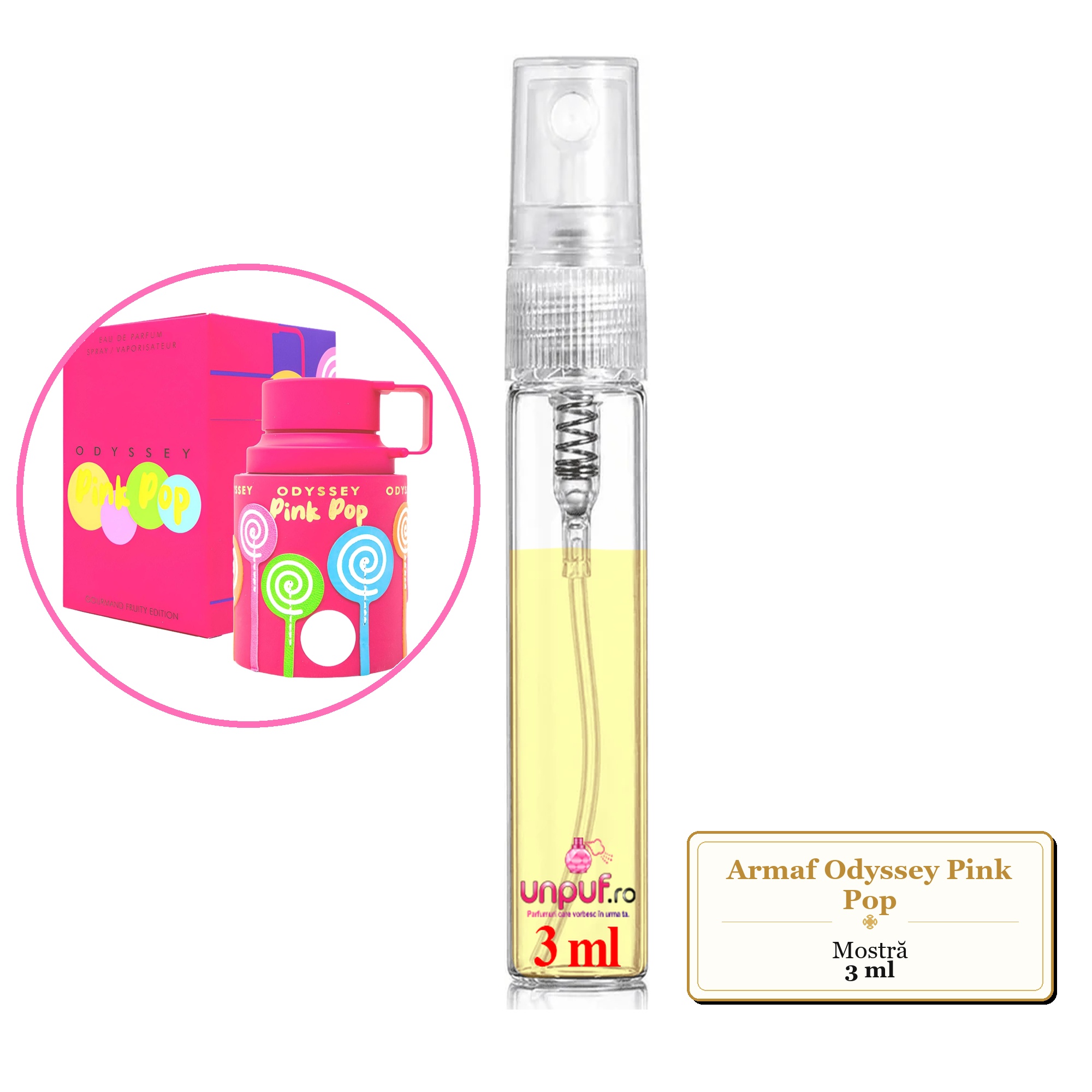 Mostra fiola din Parfumul Armaf Odyssey Pink Pop, decant sticla cu pulverizator 