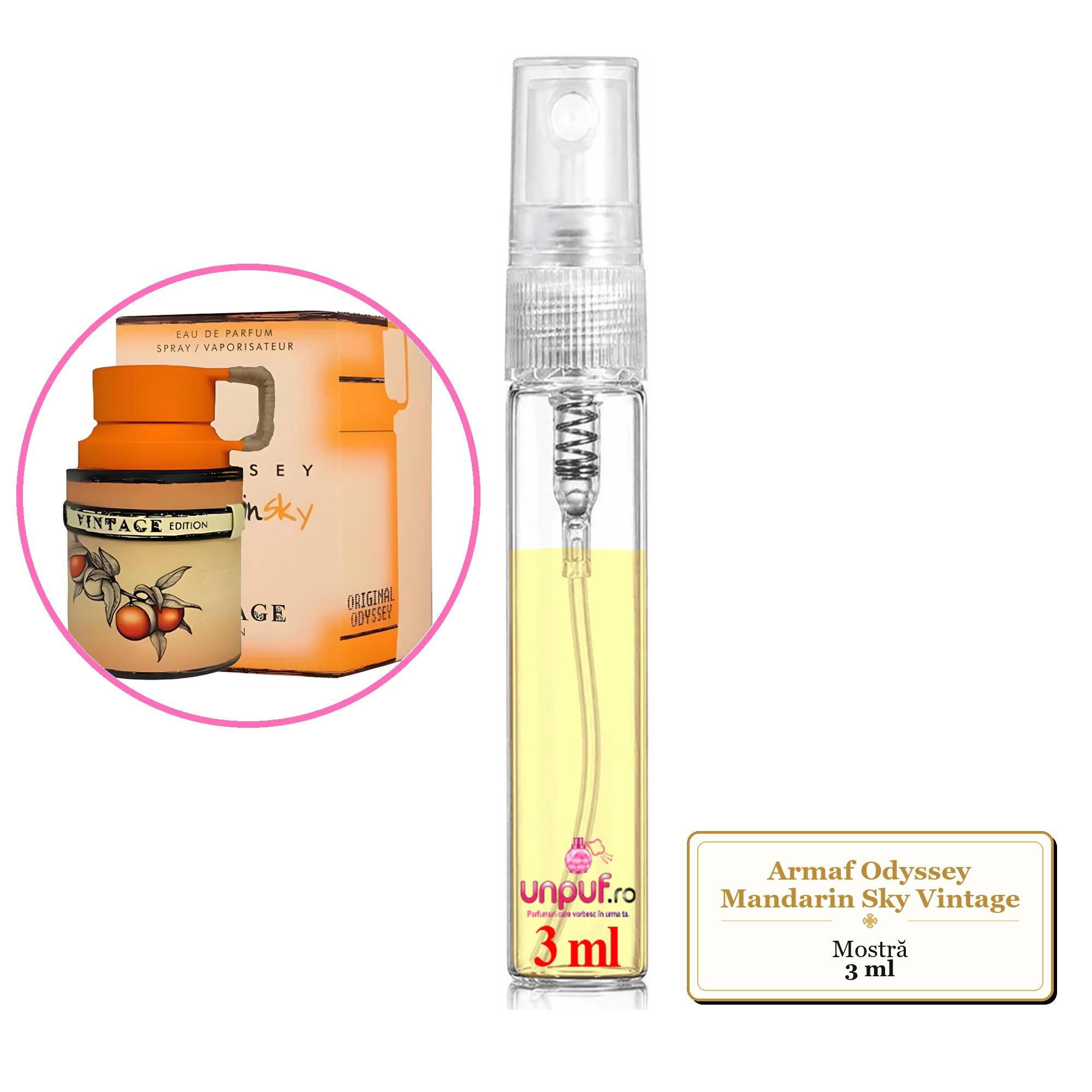 Mostra fiola din Parfumul Armaf Odyssey Mandarin Sky Vintage, decant sticla cu pulverizator