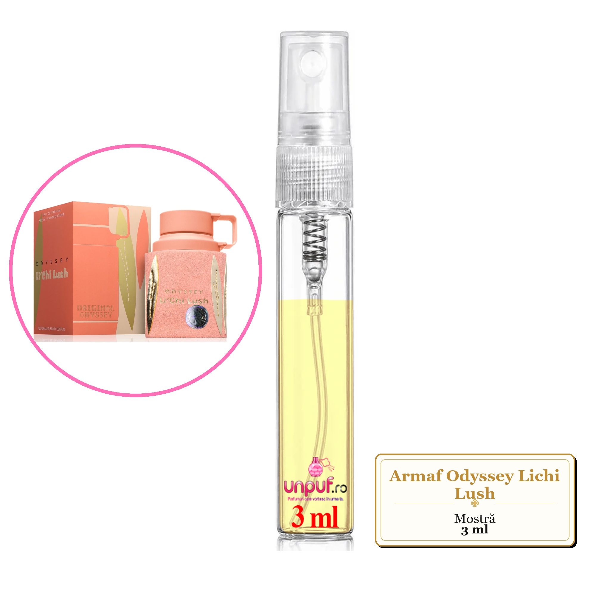 Mostra fiola din Parfumul Armaf Odyssey Lichi Lush, decant sticla cu pulverizator 
