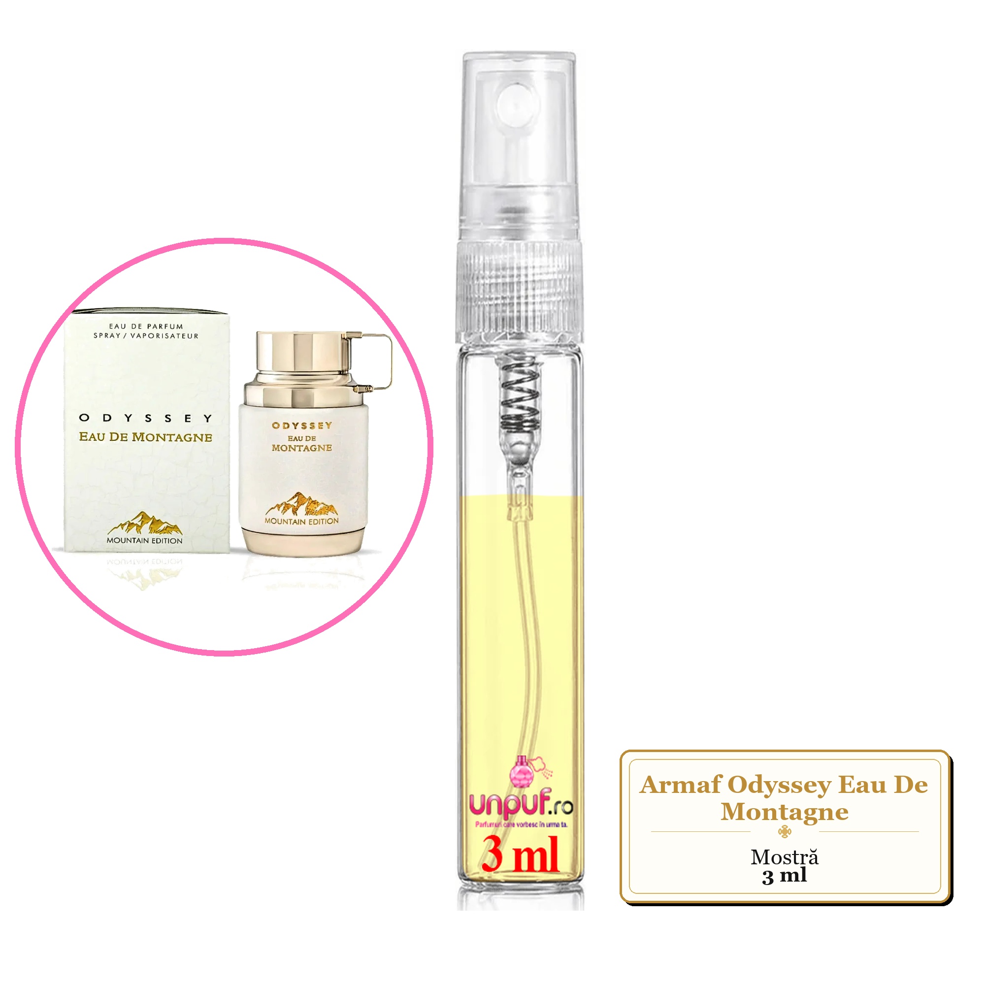Mostra fiola din Parfumul Armaf Odyssey Eau De Montagne, decant sticla cu pulverizator 
