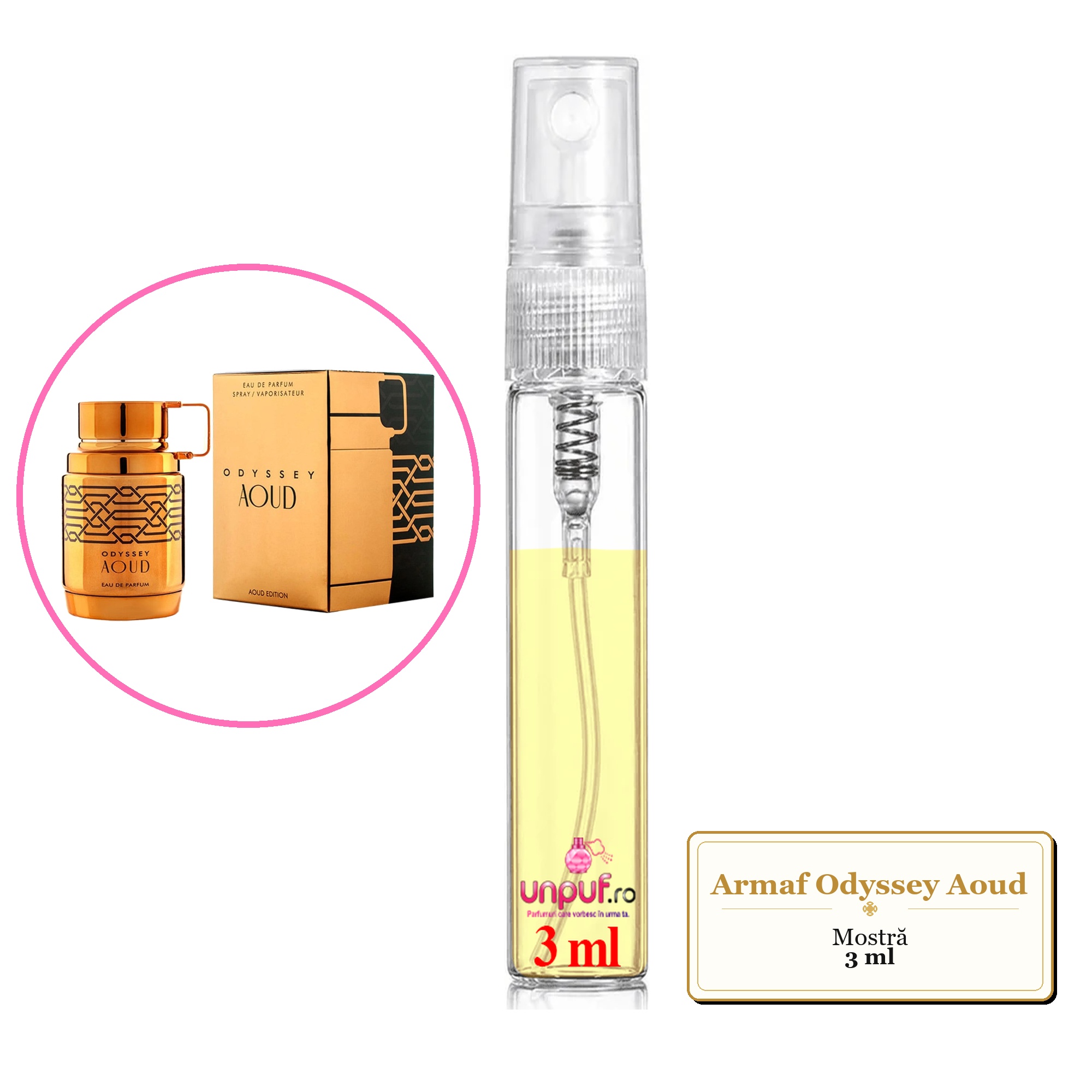 Mostra fiola din Parfumul Armaf Odyssey Aoud, decant sticla cu pulverizator