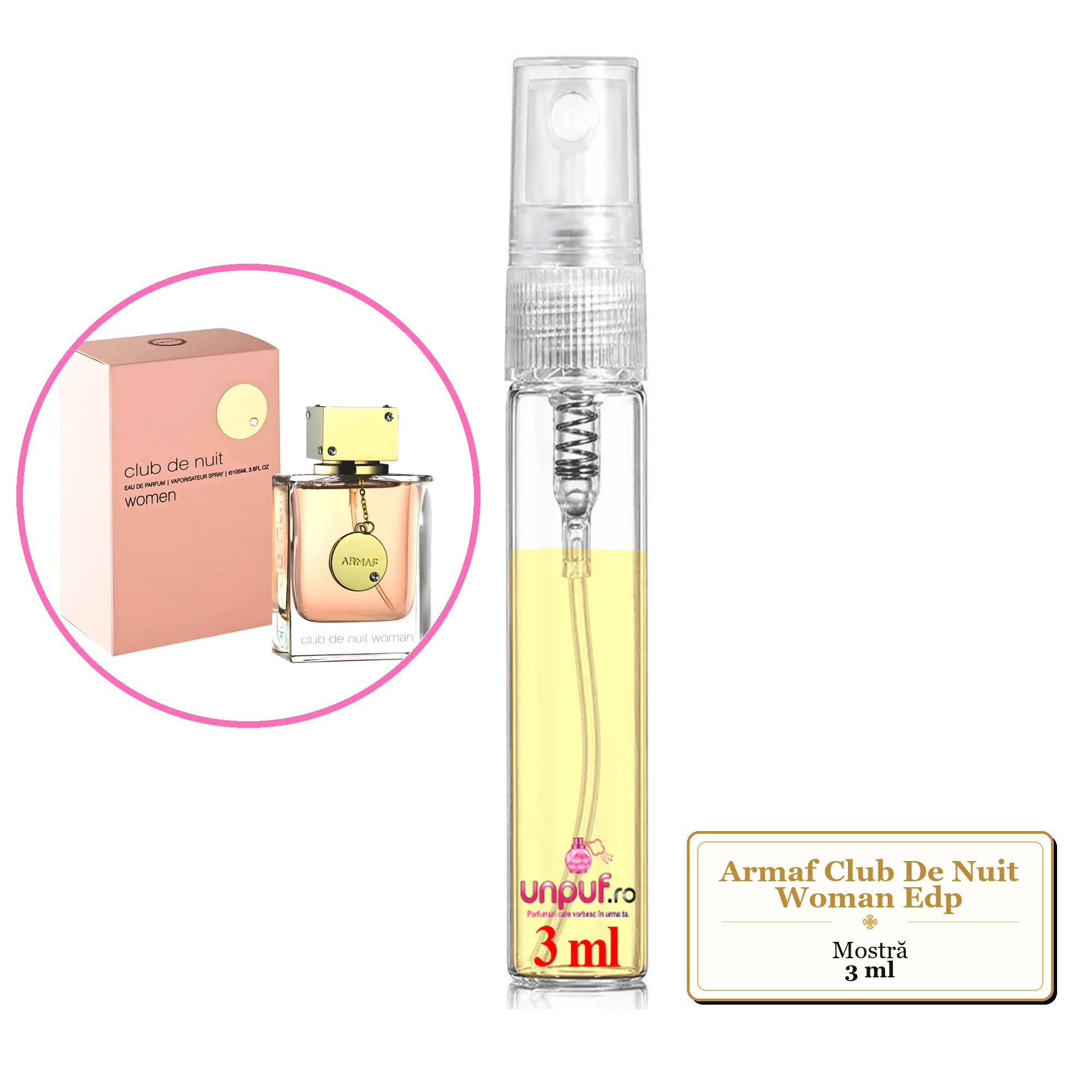 Mostra fiola din Parfumul Armaf Club De Nuit Woman Edp, decant sticla cu pulverizator 