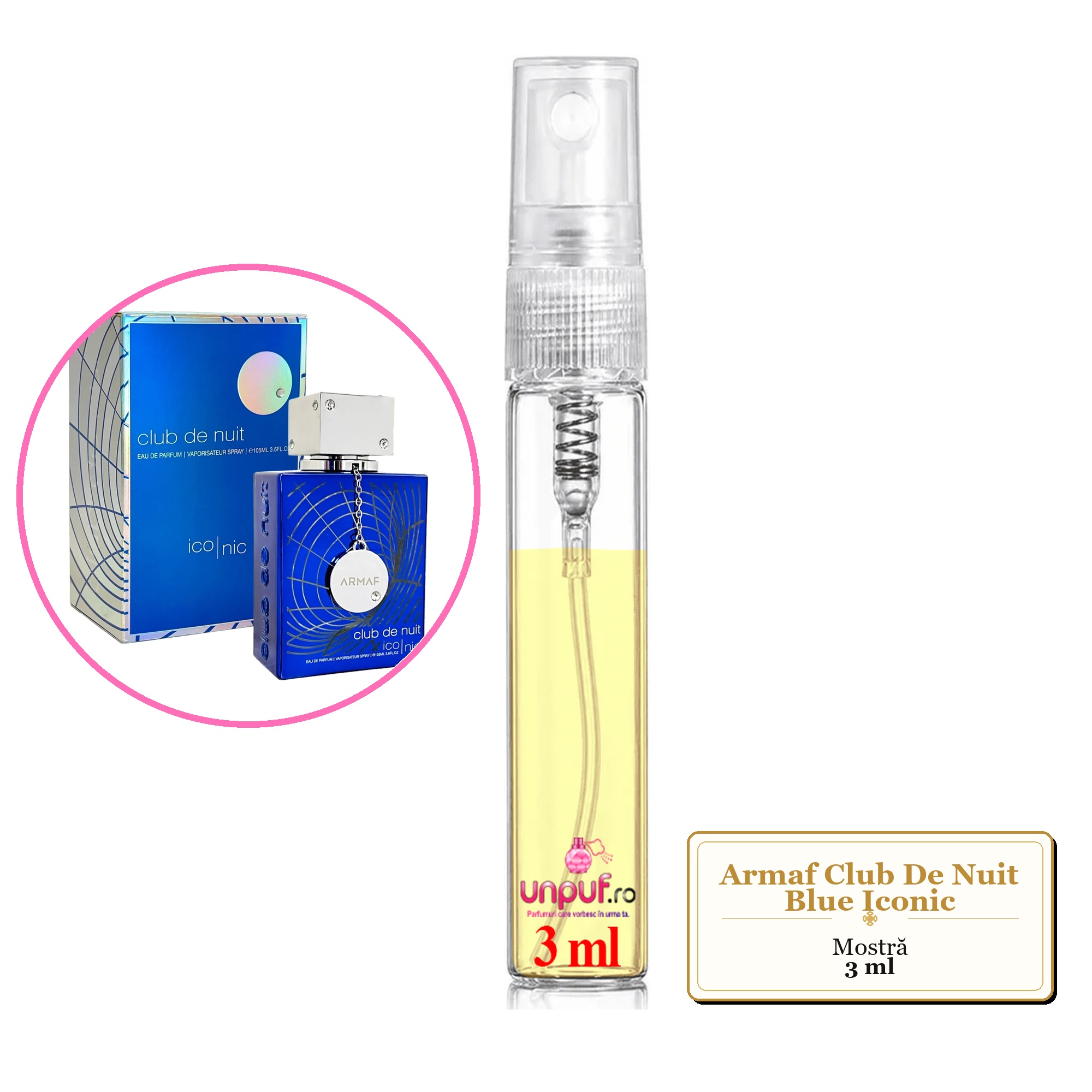 Mostra fiola din Parfumul Armaf Club De Nuit Blue Iconic, decant sticla cu pulverizator 