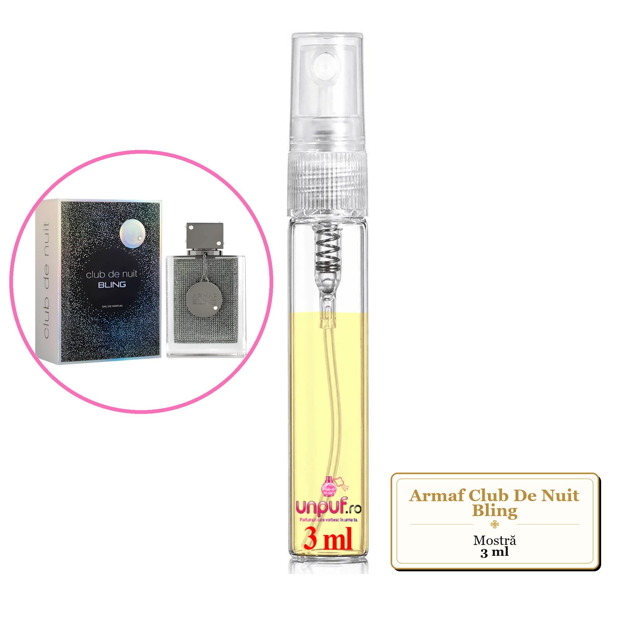 Mostra fiola din Parfumul Armaf Club De Nuit Bling, decant sticla cu pulverizator 