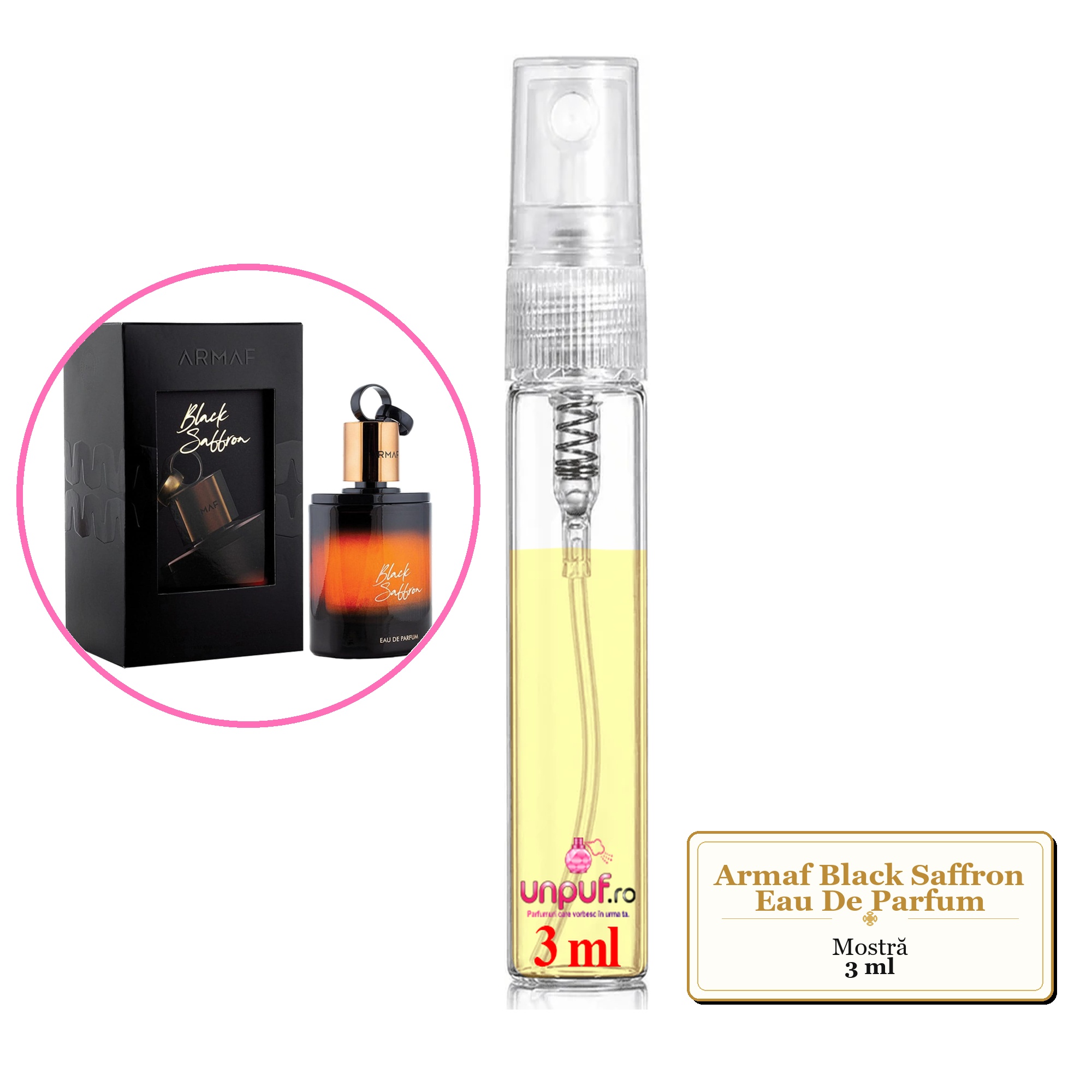 Mostra fiola din Parfumul Armaf Black Saffron Eau De Parfum, decant sticla cu pulverizator 