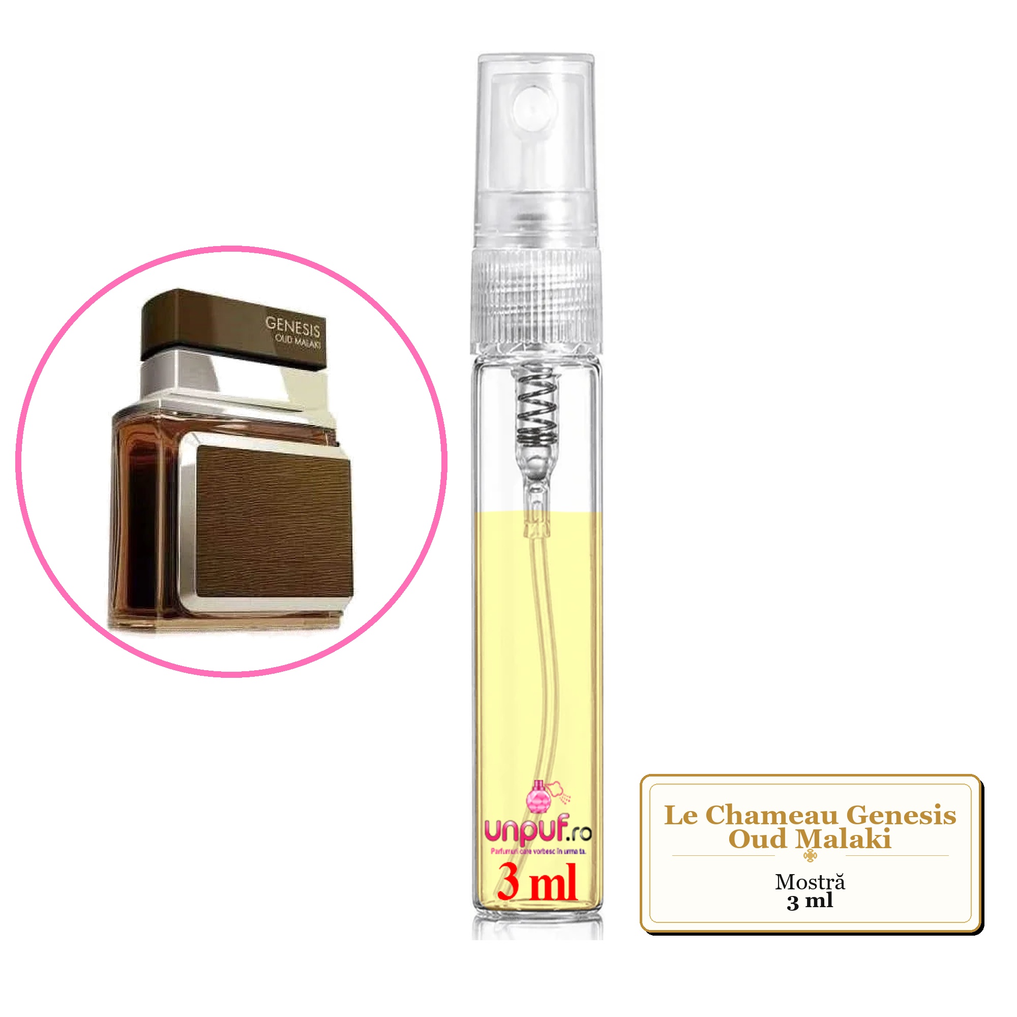 Mostra fiola din Parfumul Le Chameau Genesis Oud Malaki, decant sticla cu pulverizator 