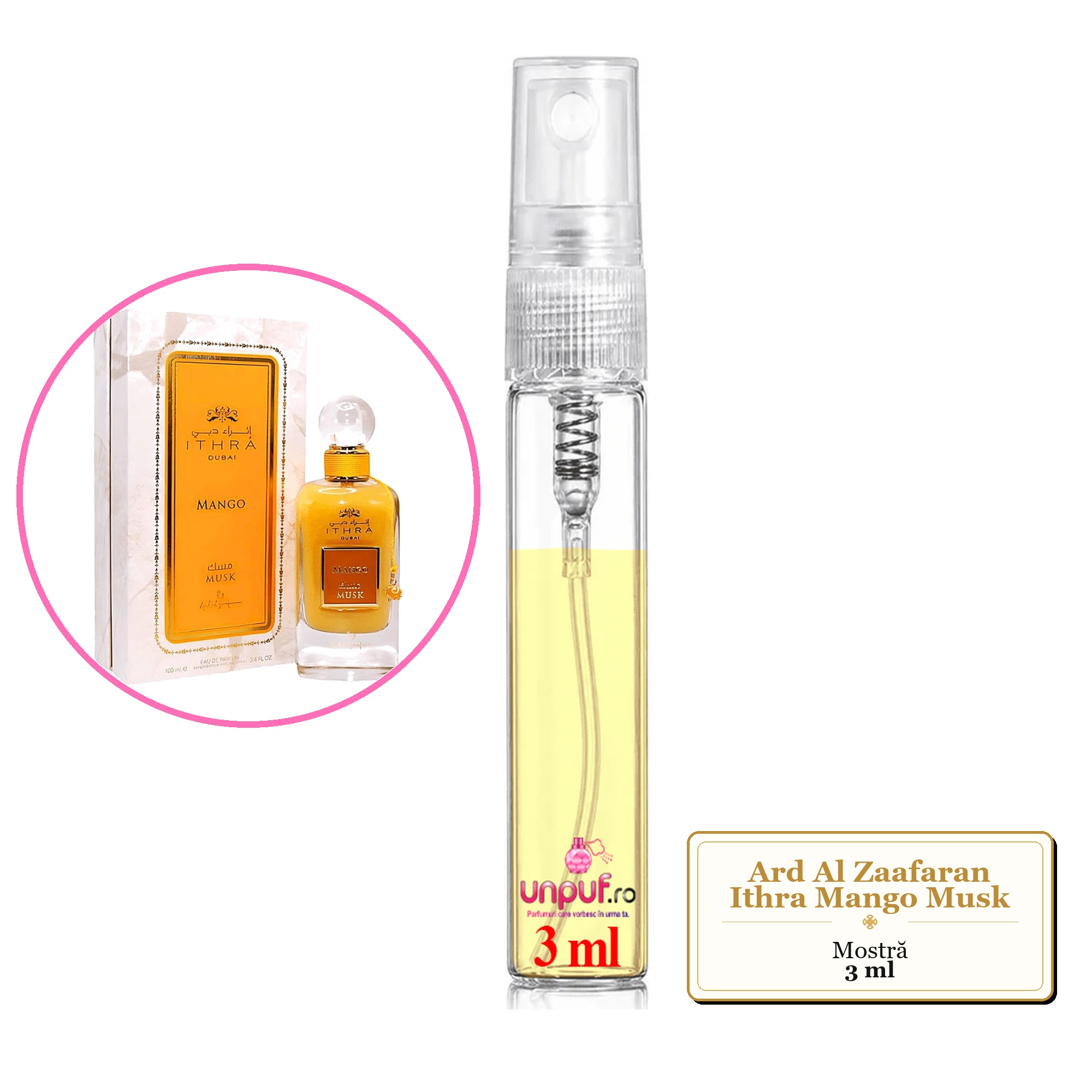 Mostra fiola din Parfumul Ard Al Zaafaran Ithra Mango Musk, decant sticla cu pulverizator