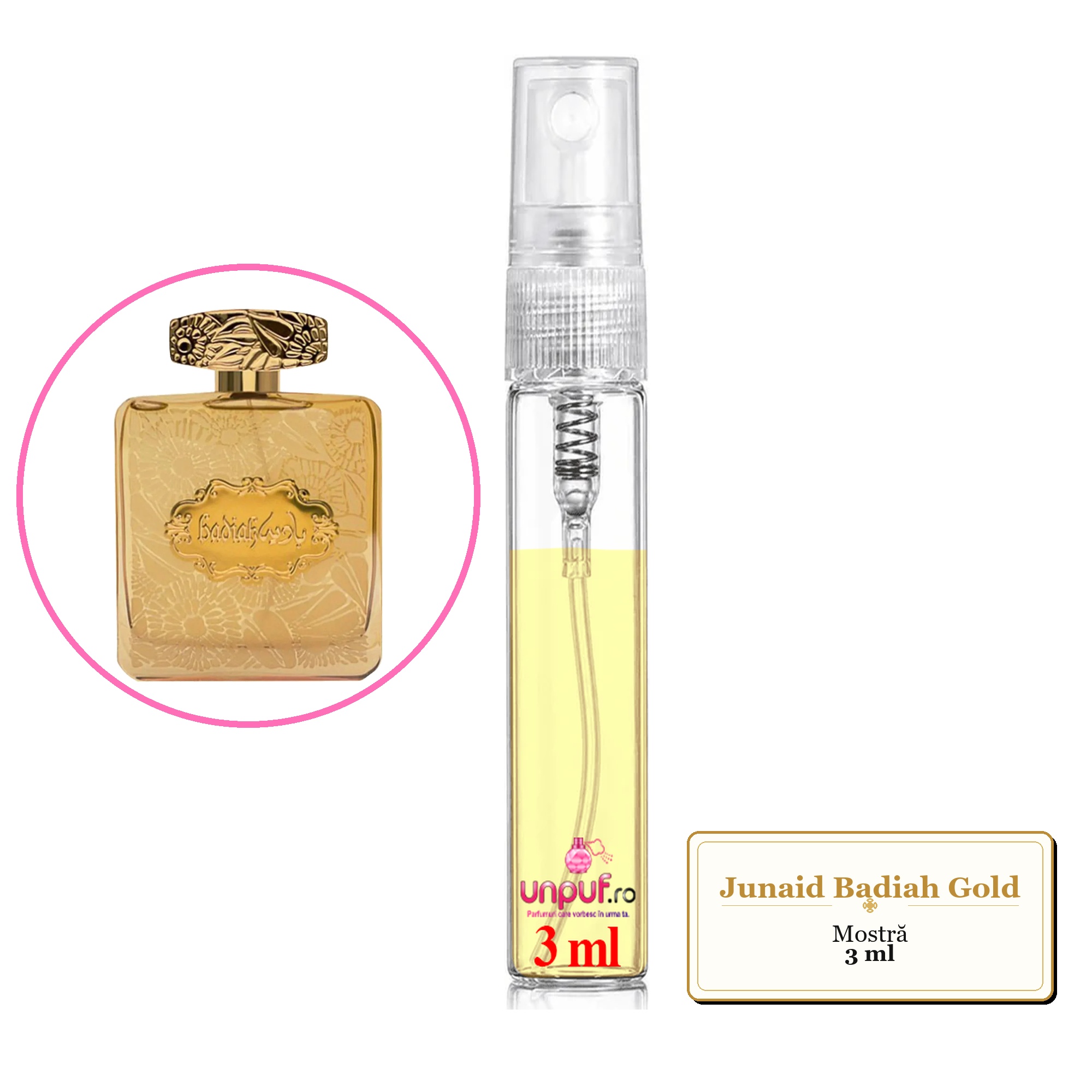 Mostra fiola din Parfumul Junaid Badiah Gold, decant sticla cu pulverizator