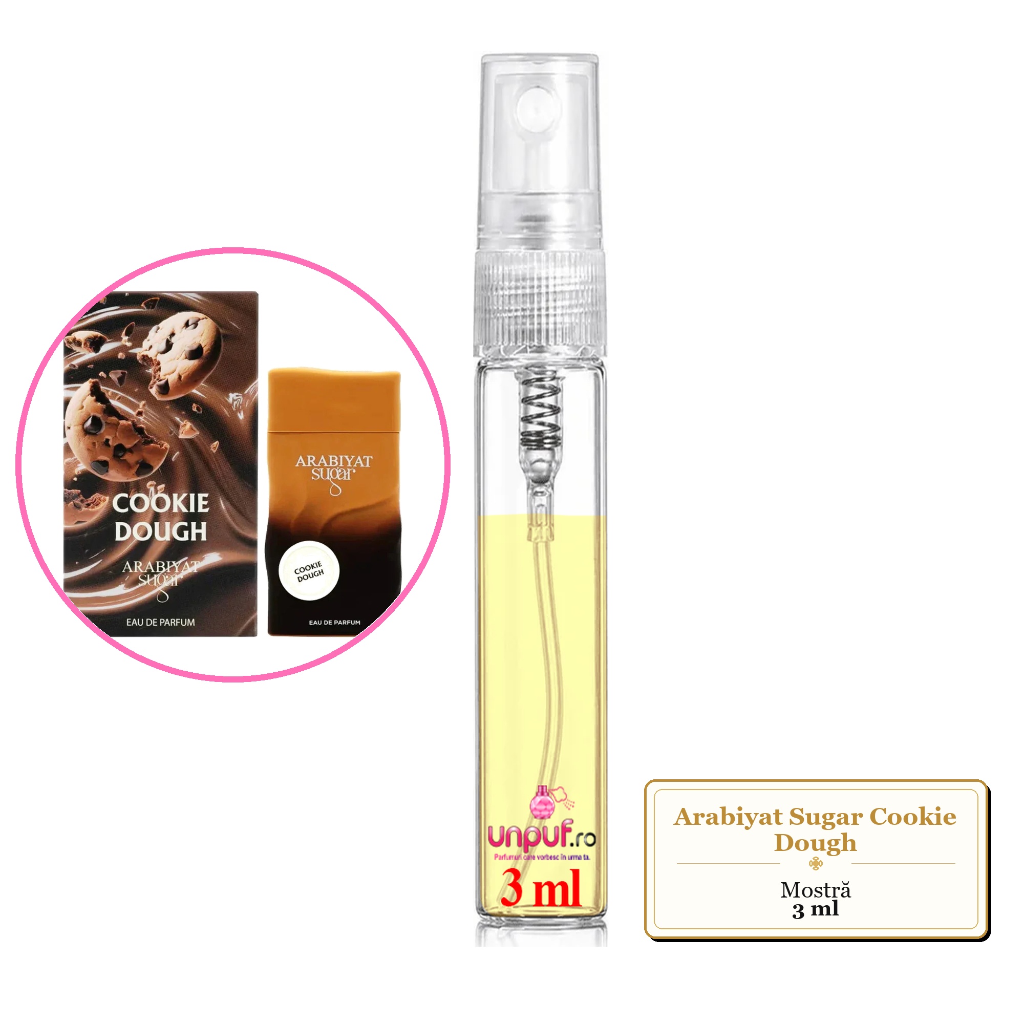 Mostra fiola din Parfumul Arabiyat Sugar Cookie Dough, decant sticla cu pulverizator 