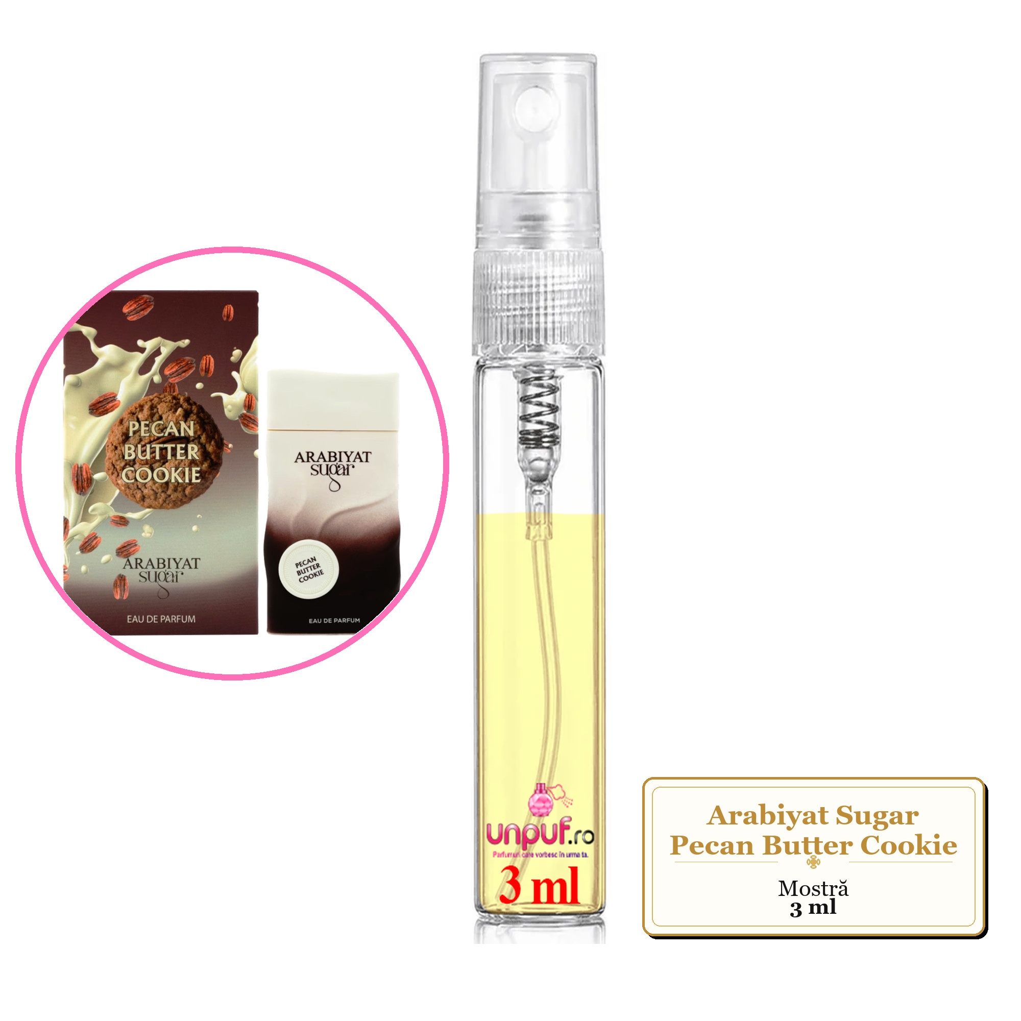 Mostra fiola din Parfumul Arabiyat Sugar Pecan Butter Cookie, decant sticla cu pulverizator 