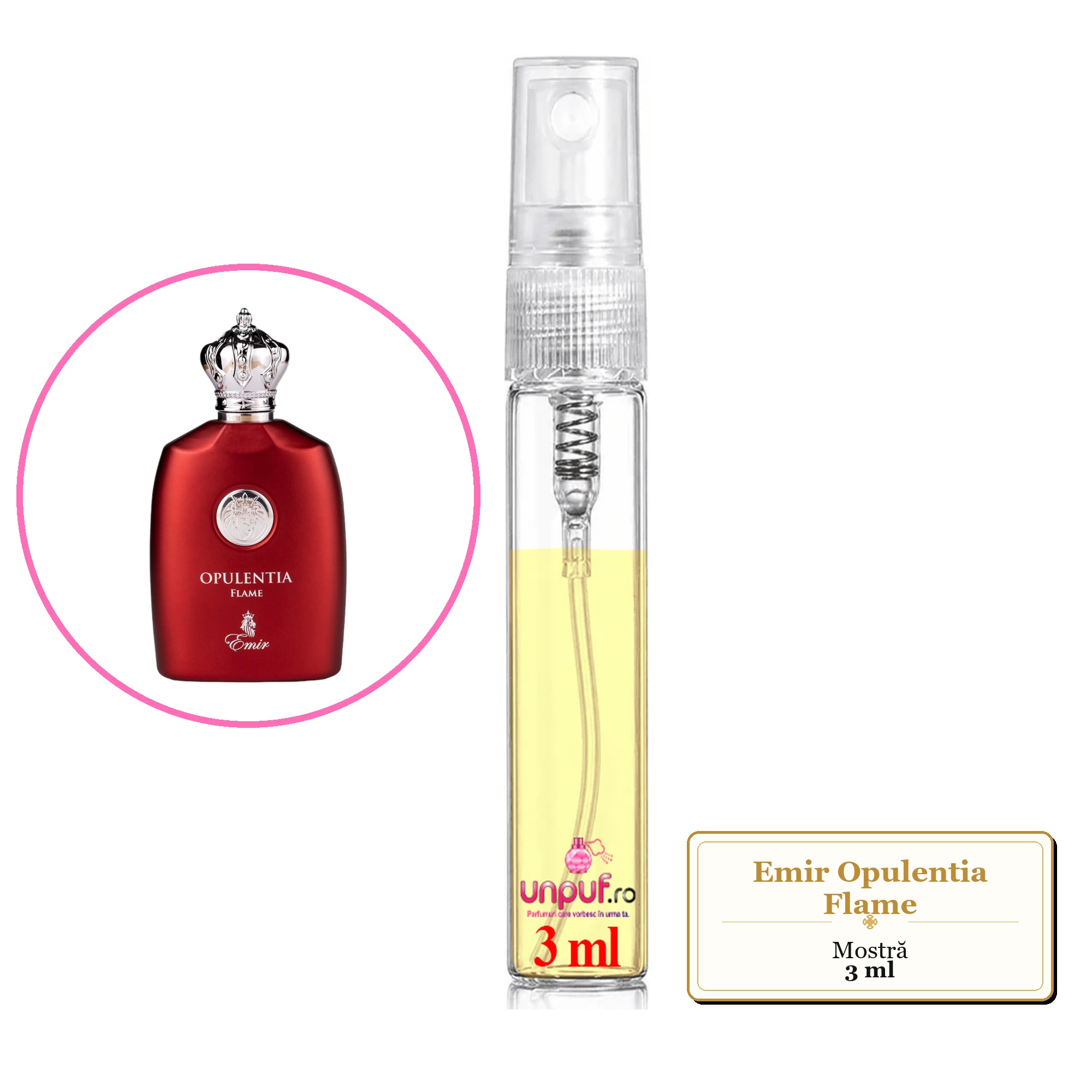 Mostra fiola din Parfumul Emir Opulentia Flame, decant sticla cu pulverizator 