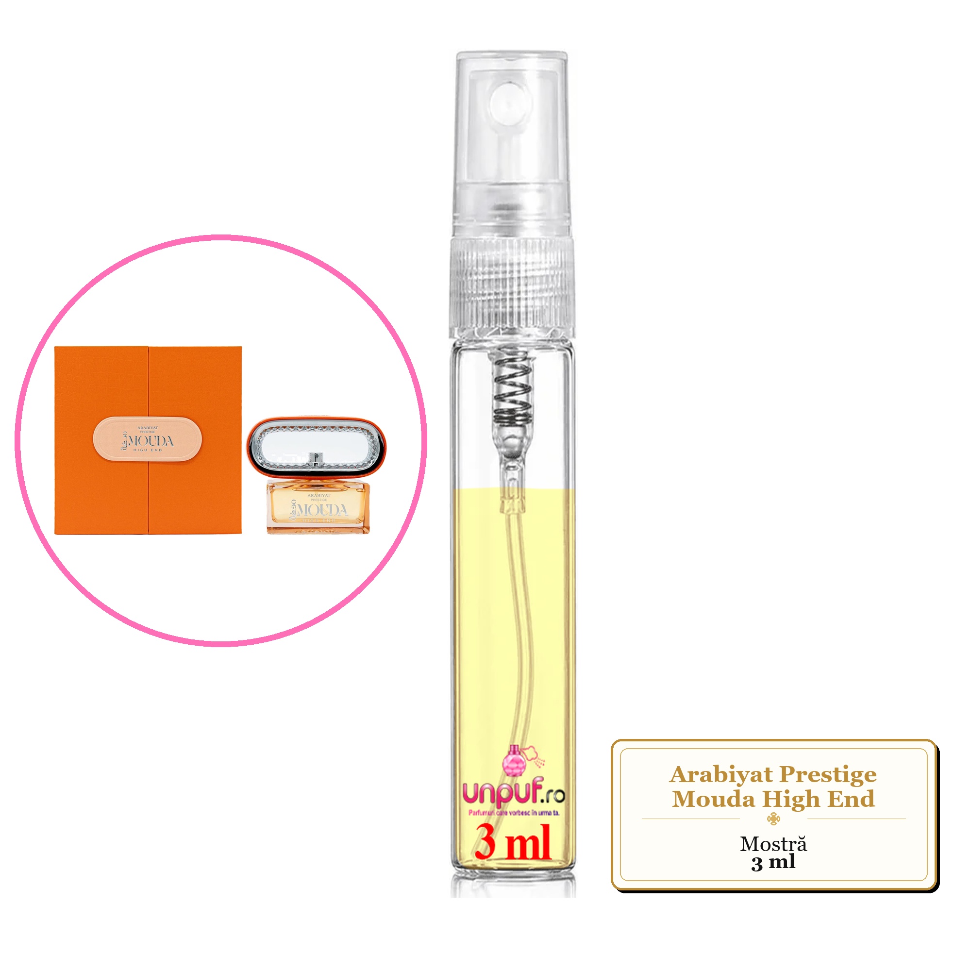 Mostra fiola din Parfumul Arabiyat Prestige Mouda High End, decant sticla cu pulverizator 