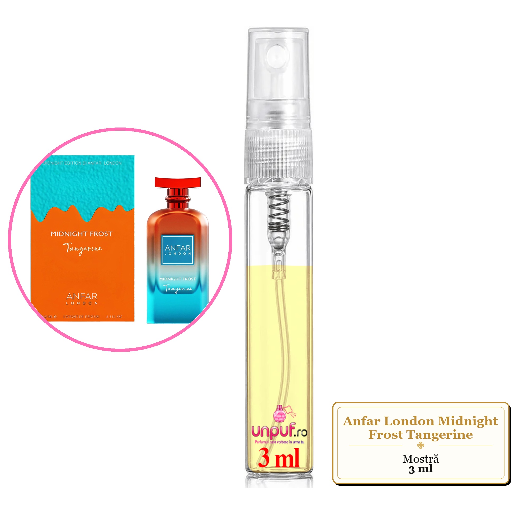 Mostra fiola din Parfumul Anfar London Midnight Frost Tangerine, decant sticla cu pulverizator 