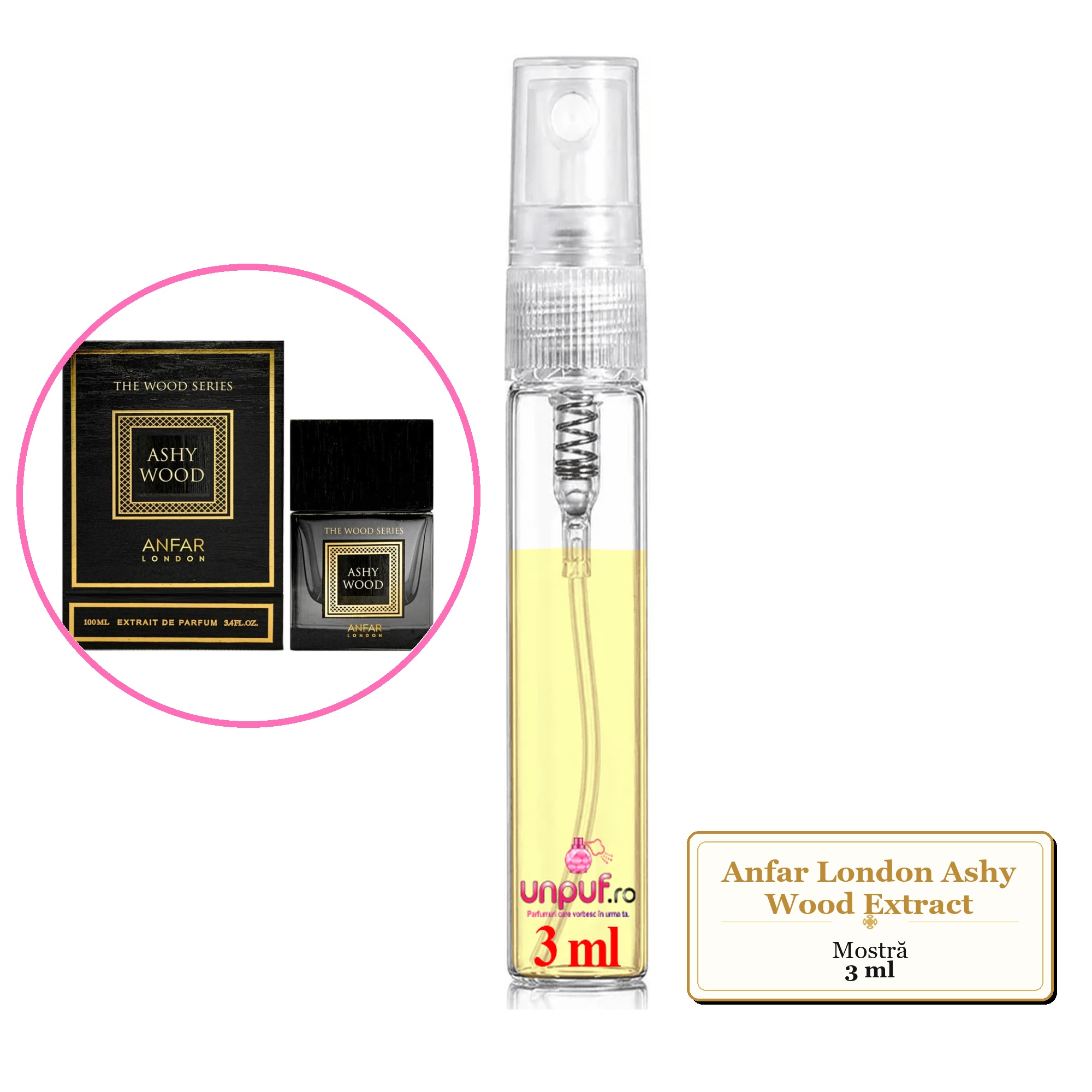 Mostra fiola din Parfumul Anfar London Ashy Wood Extract, decant sticla cu pulverizator