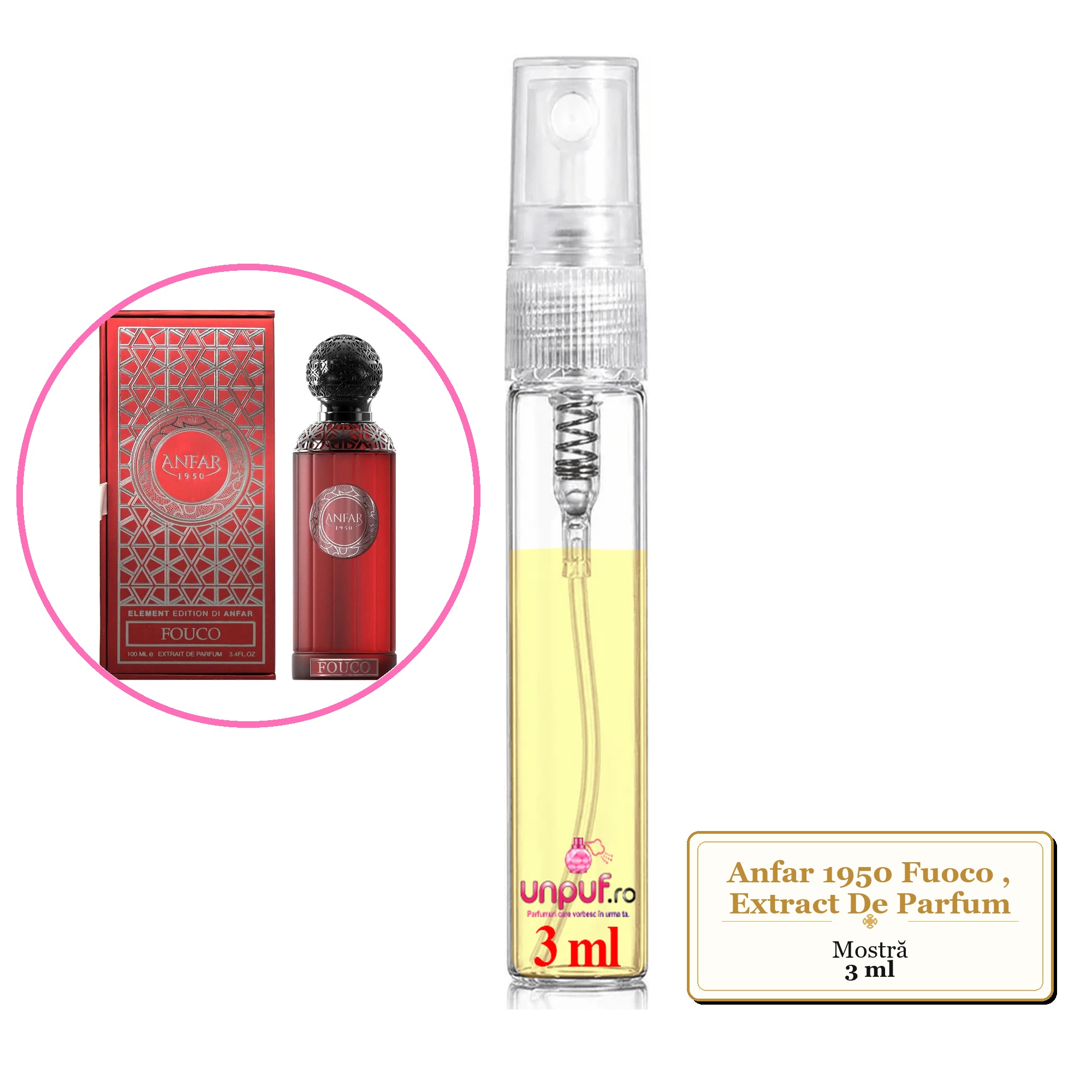 Mostra fiola din Parfumul Anfar 1950 Fuoco, Extract De Parfum, decant sticla cu pulverizator 