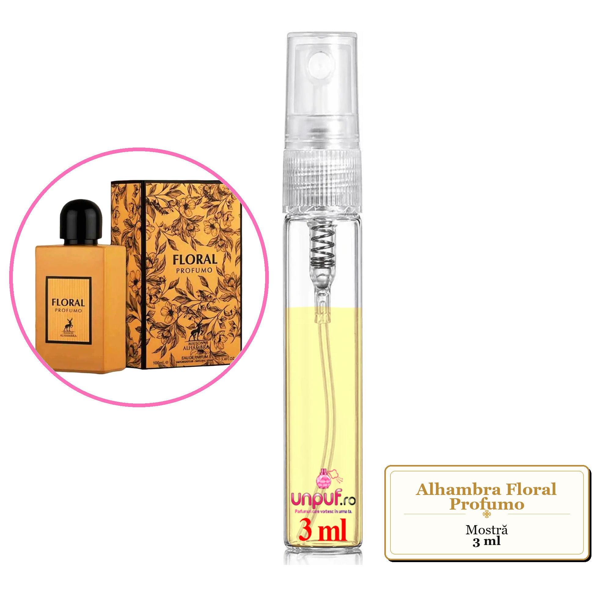 Mostra fiola din Parfumul Alhambra Floral Profumo, decant sticla cu pulverizator
