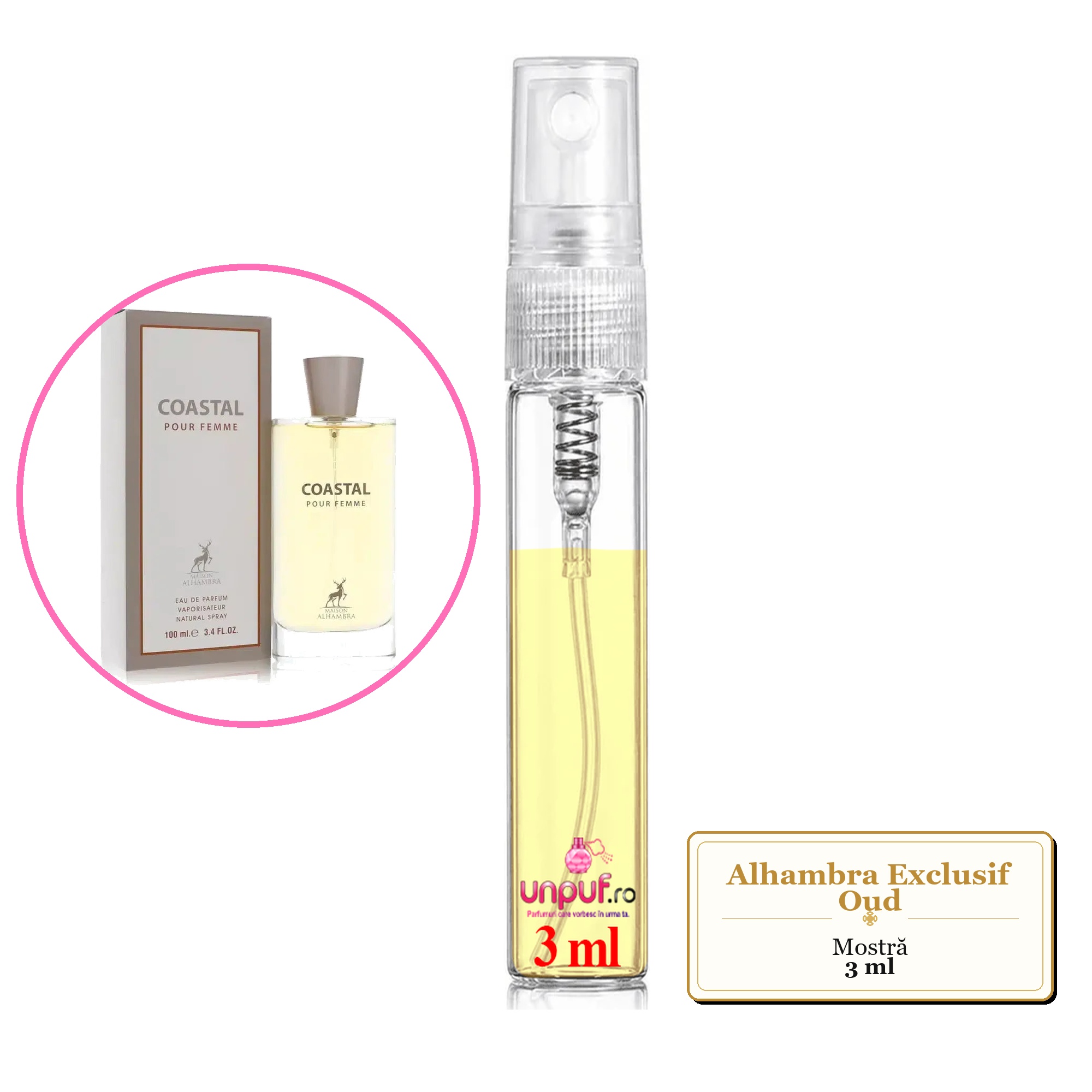 Mostra fiola din Parfumul Alhambra Exclusif Oud, decant sticla cu pulverizator 