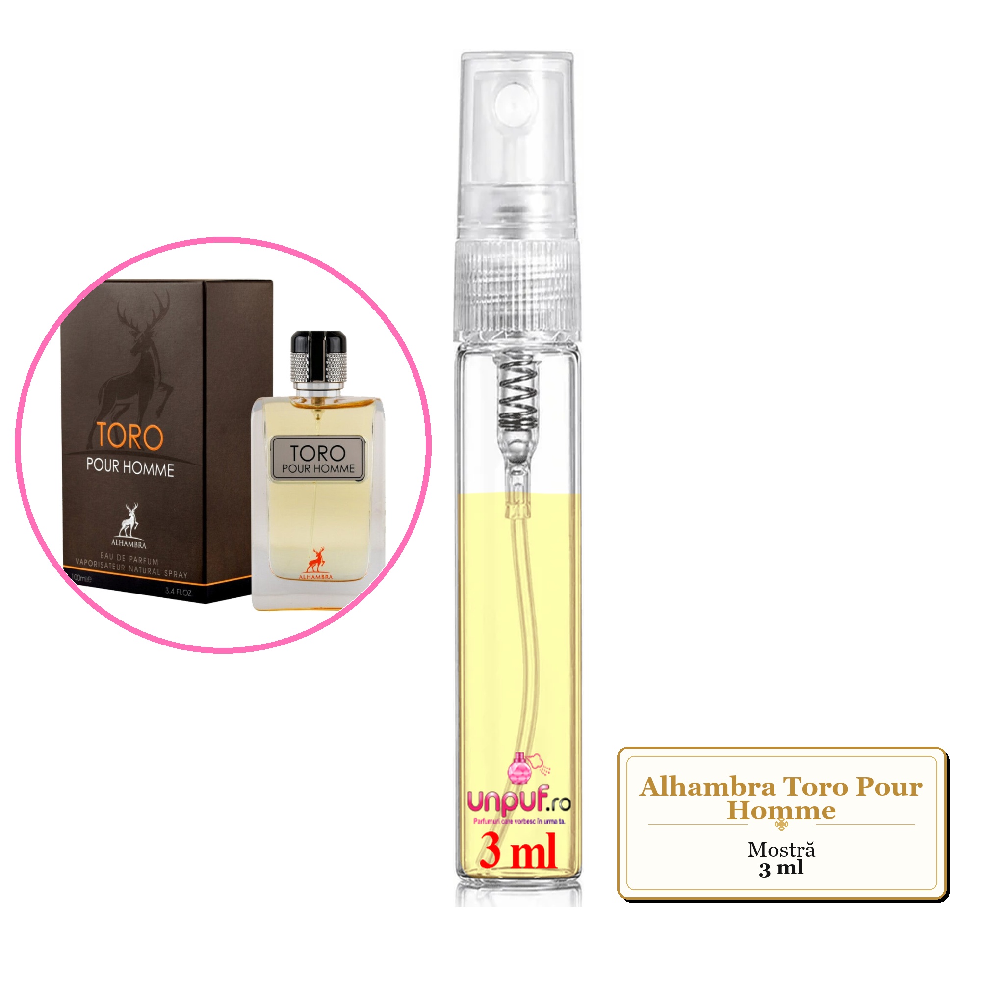 Mostra fiola din Parfumul Alhambra Toro Pour Homme, decant sticla cu pulverizator