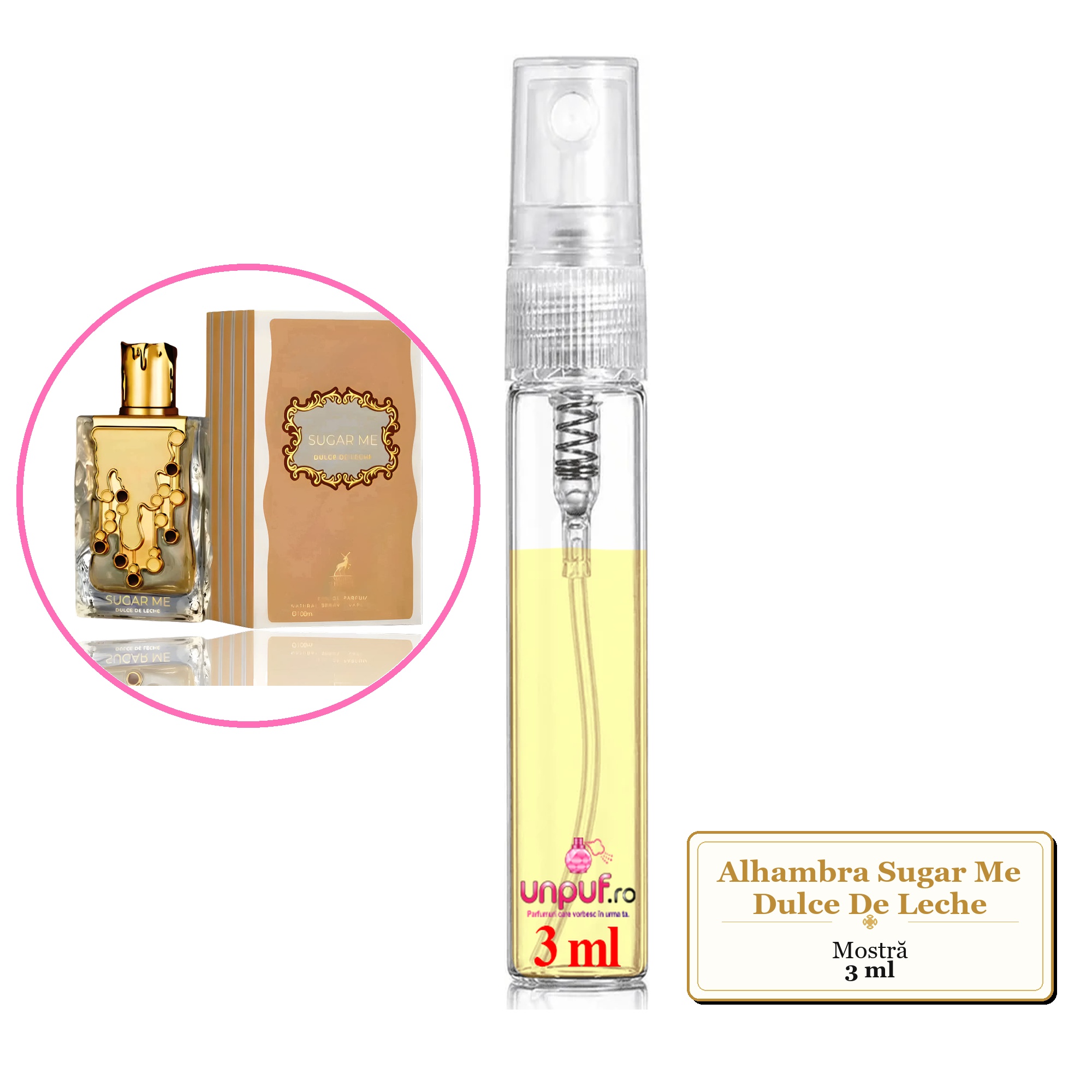 Mostra fiola din Parfumul Alhambra Sugar Me Dulce De Leche, decant sticla cu pulverizator