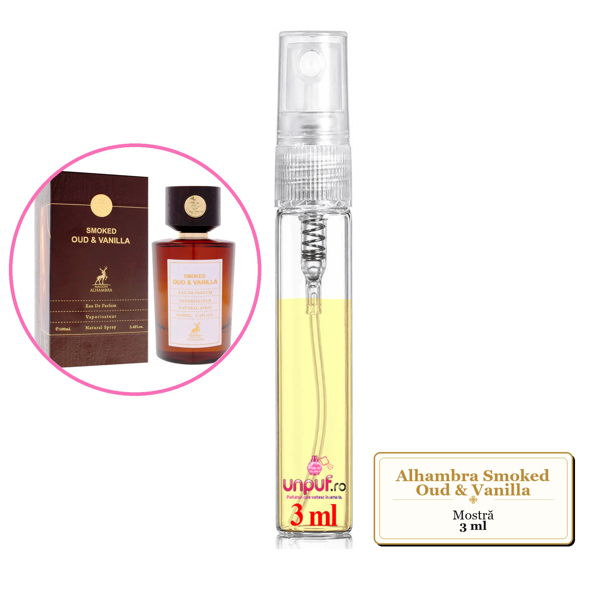 Mostra fiola din Parfumul Alhambra Smoked Oud & Vanilla, decant sticla cu pulverizator 