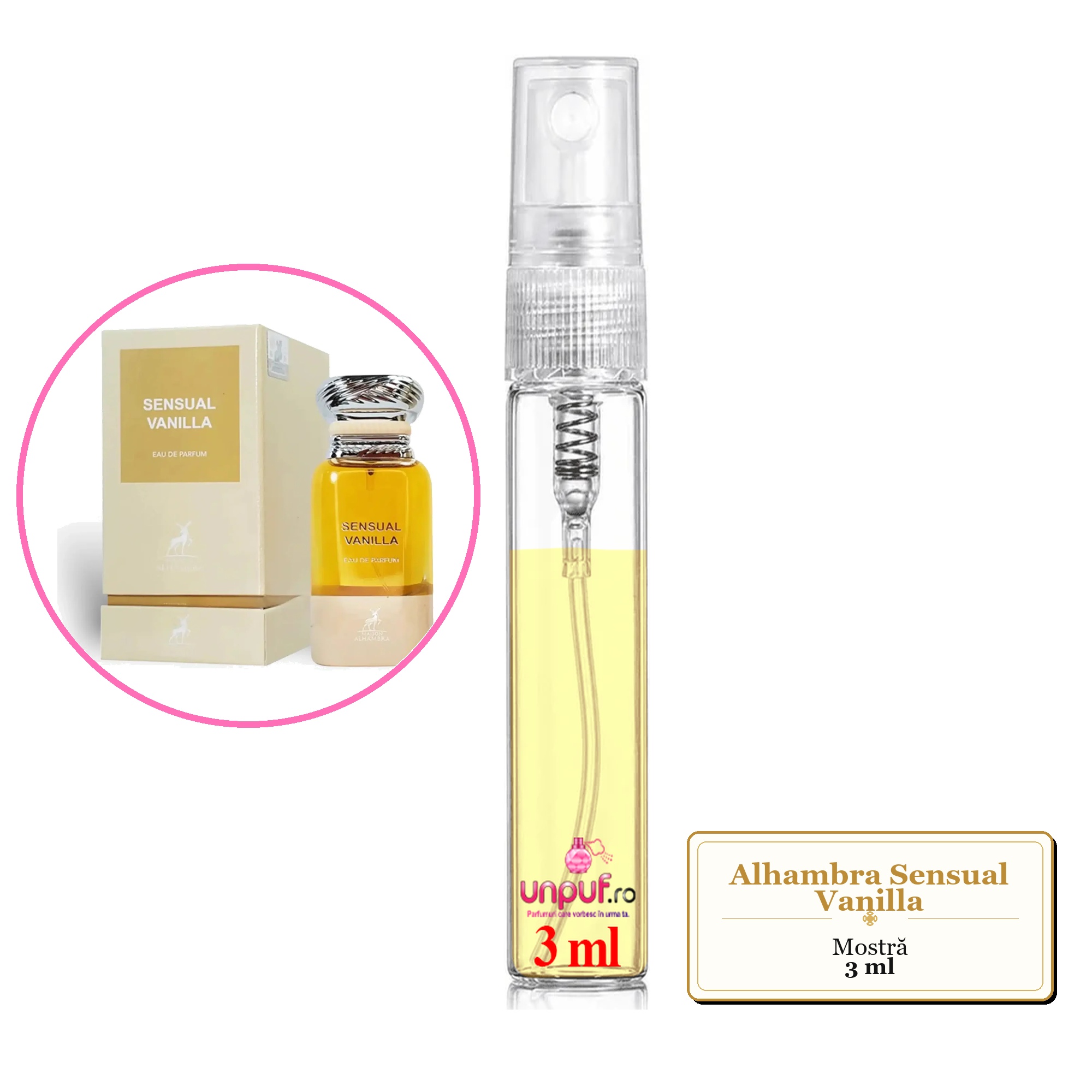 Mostra fiola din Parfumul Alhambra Sensual Vanilla, decant sticla cu pulverizator