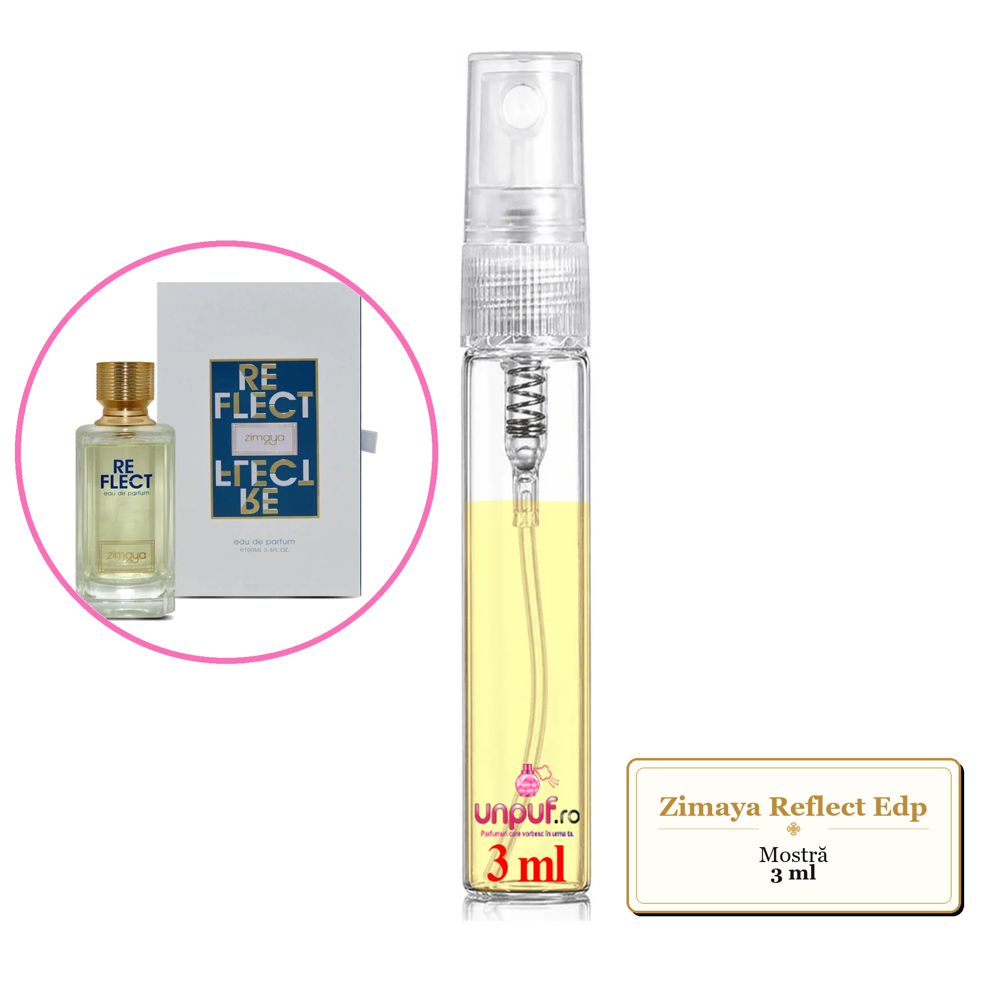 Mostra fiola din Parfumul Zimaya Reflect Edp, decant sticla cu pulverizator