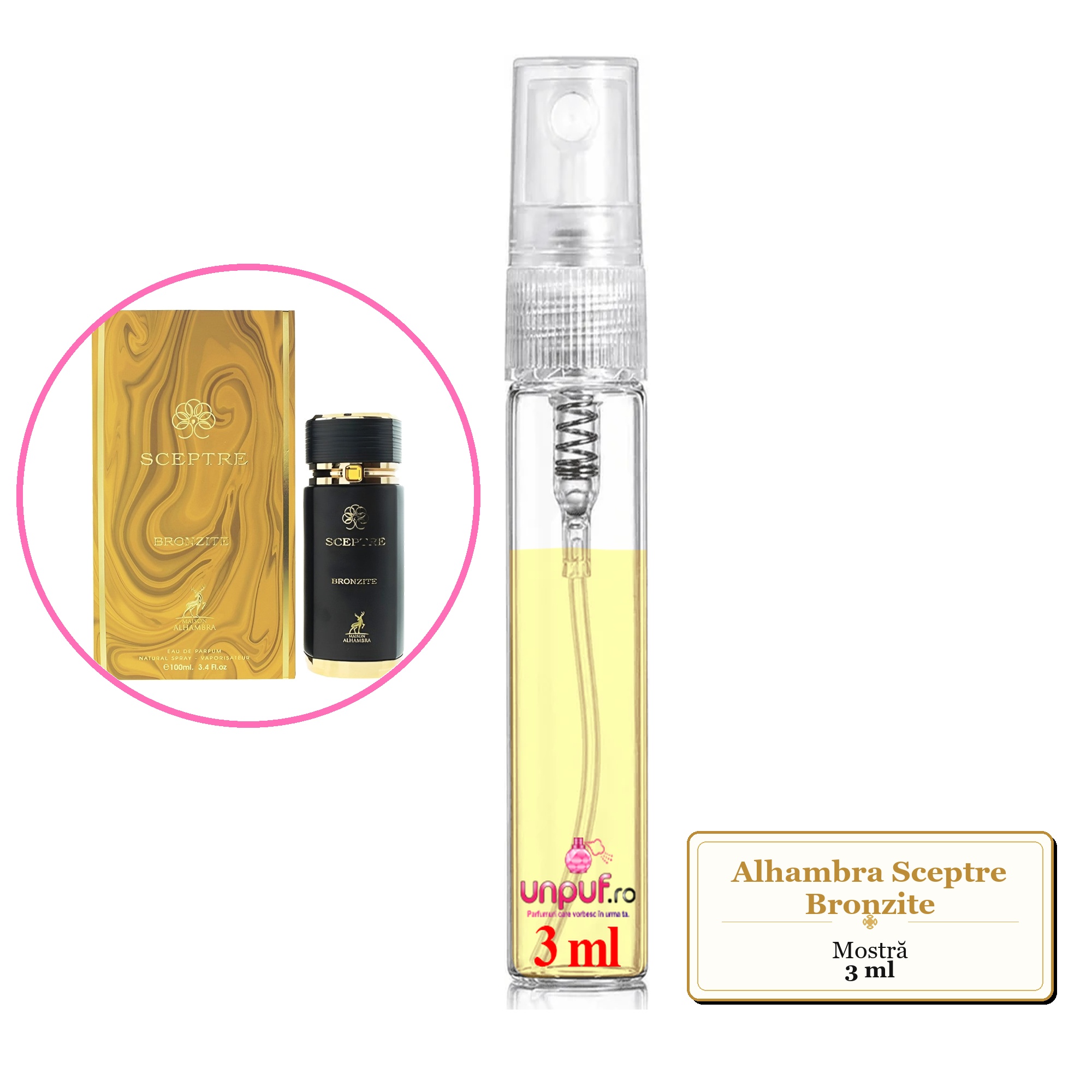 Mostra fiola din Parfumul Alhambra Sceptre Bronzite, decant sticla cu pulverizator 