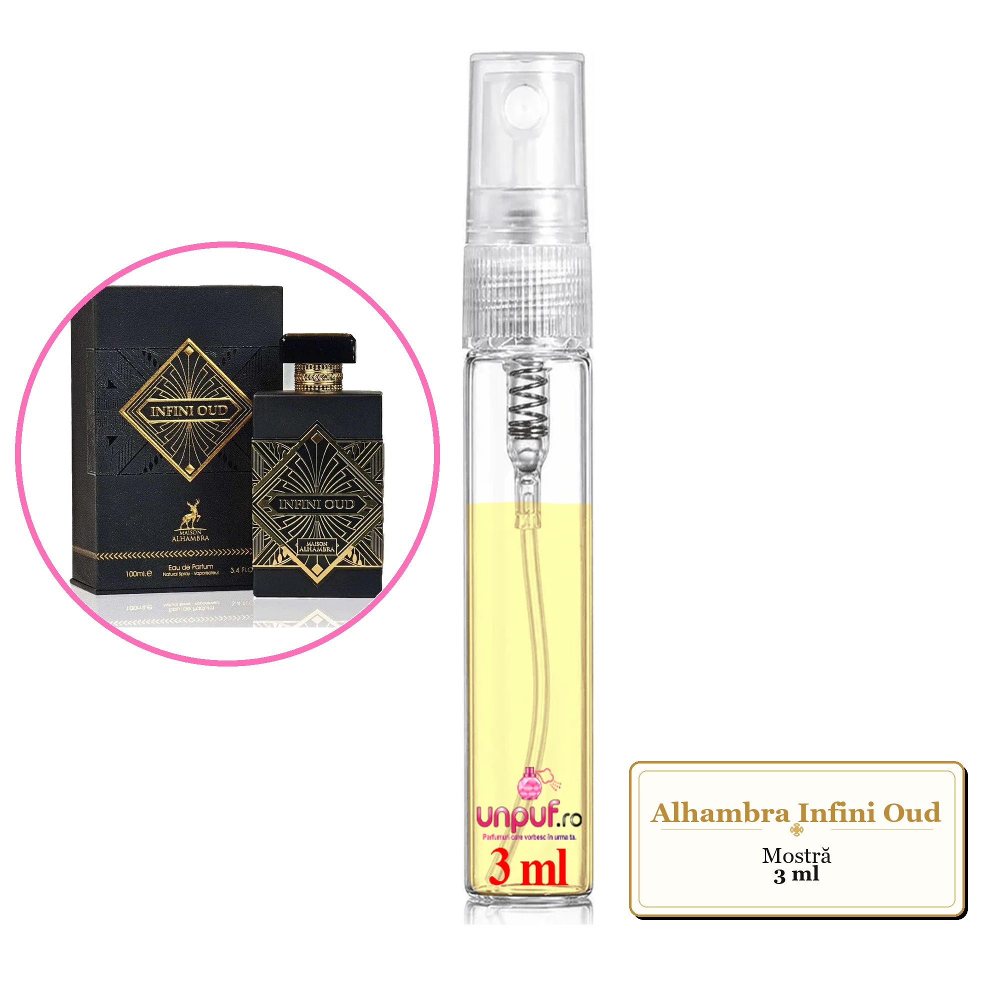 Mostra fiola din Parfumul Alhambra Infini Oud, decant sticla cu pulverizator 