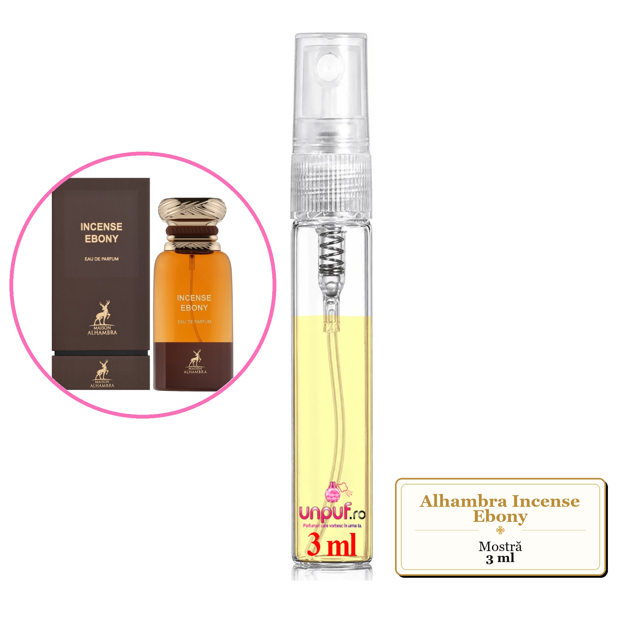 Mostra fiola din Parfumul Alhambra Incense Ebony, decant sticla cu pulverizator