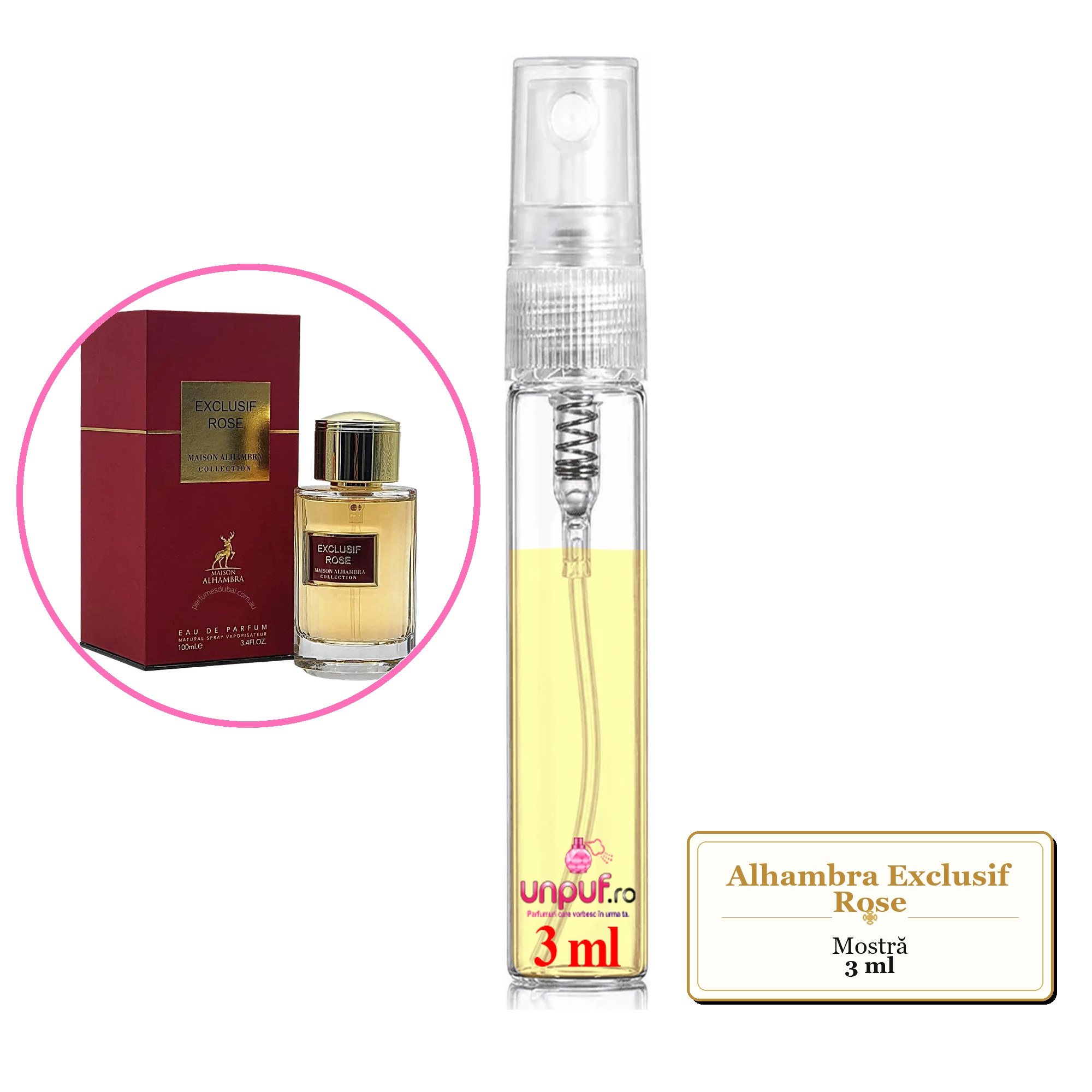 Mostra fiola din Parfumul Alhambra Exclusif Rose, decant sticla cu pulverizator