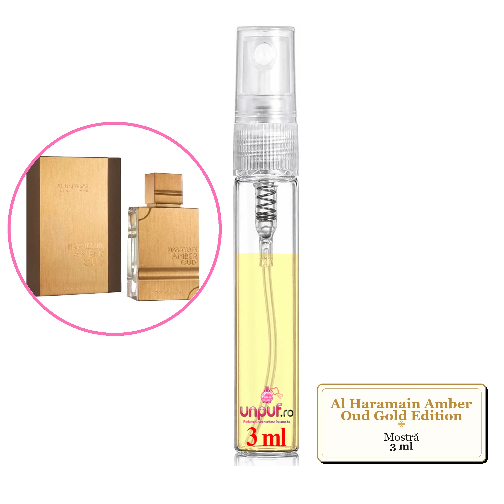 Mostra fiola din Parfumul Al Haramain Amber Oud Gold Edition, decant sticla cu pulverizator 