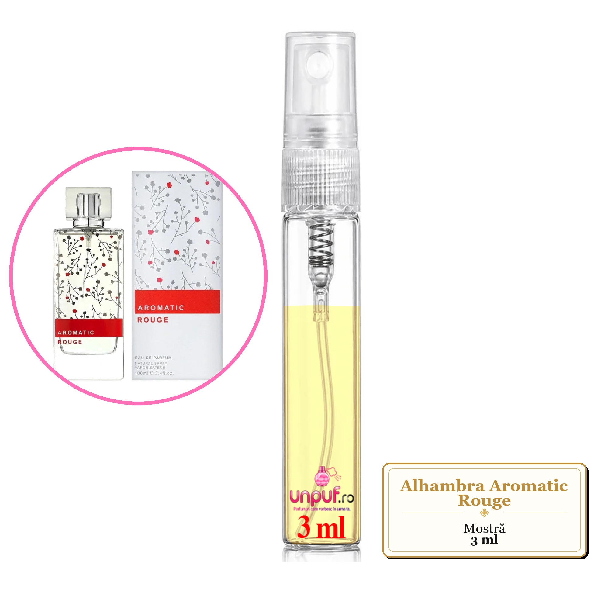 Mostra fiola din Parfumul Alhambra Aromatic Rouge, decant sticla cu pulverizator 
