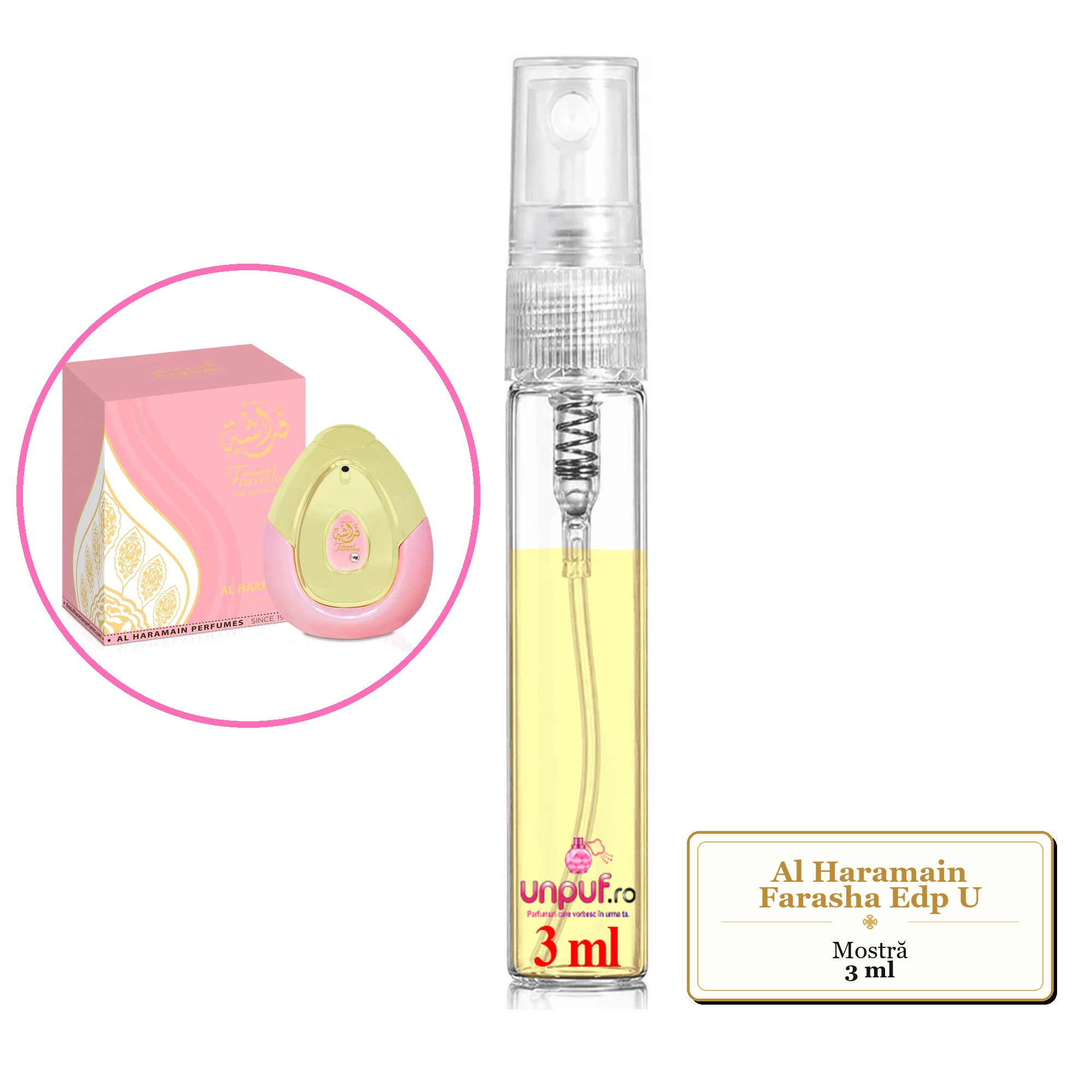 Mostra fiola din Parfumul Al Haramain Farasha Edp U, decant sticla cu pulverizator 