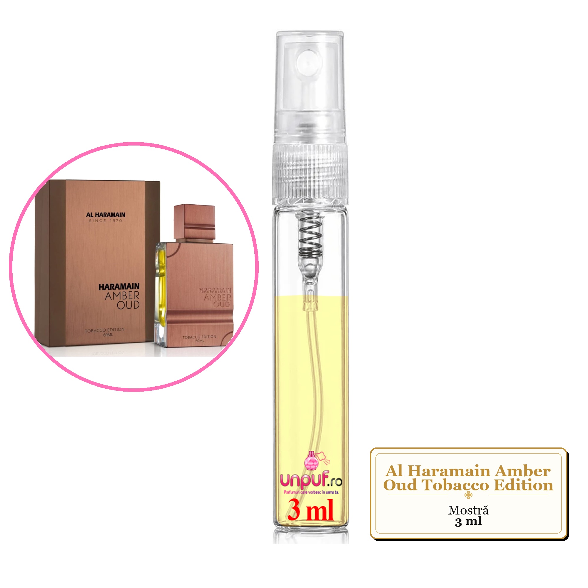 Mostra fiola din Parfumul Al Haramain Amber Oud Tobacco Edition, decant sticla cu pulverizator 