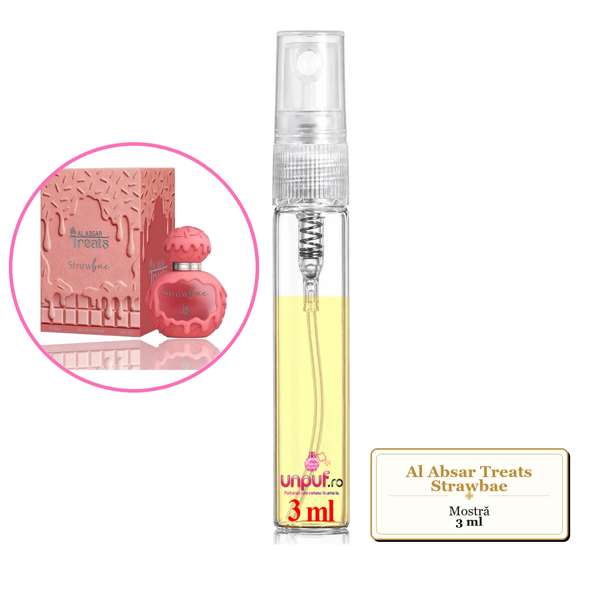 Mostra fiola din Parfumul Al Absar Treats Strawbae, decant sticla cu pulverizator