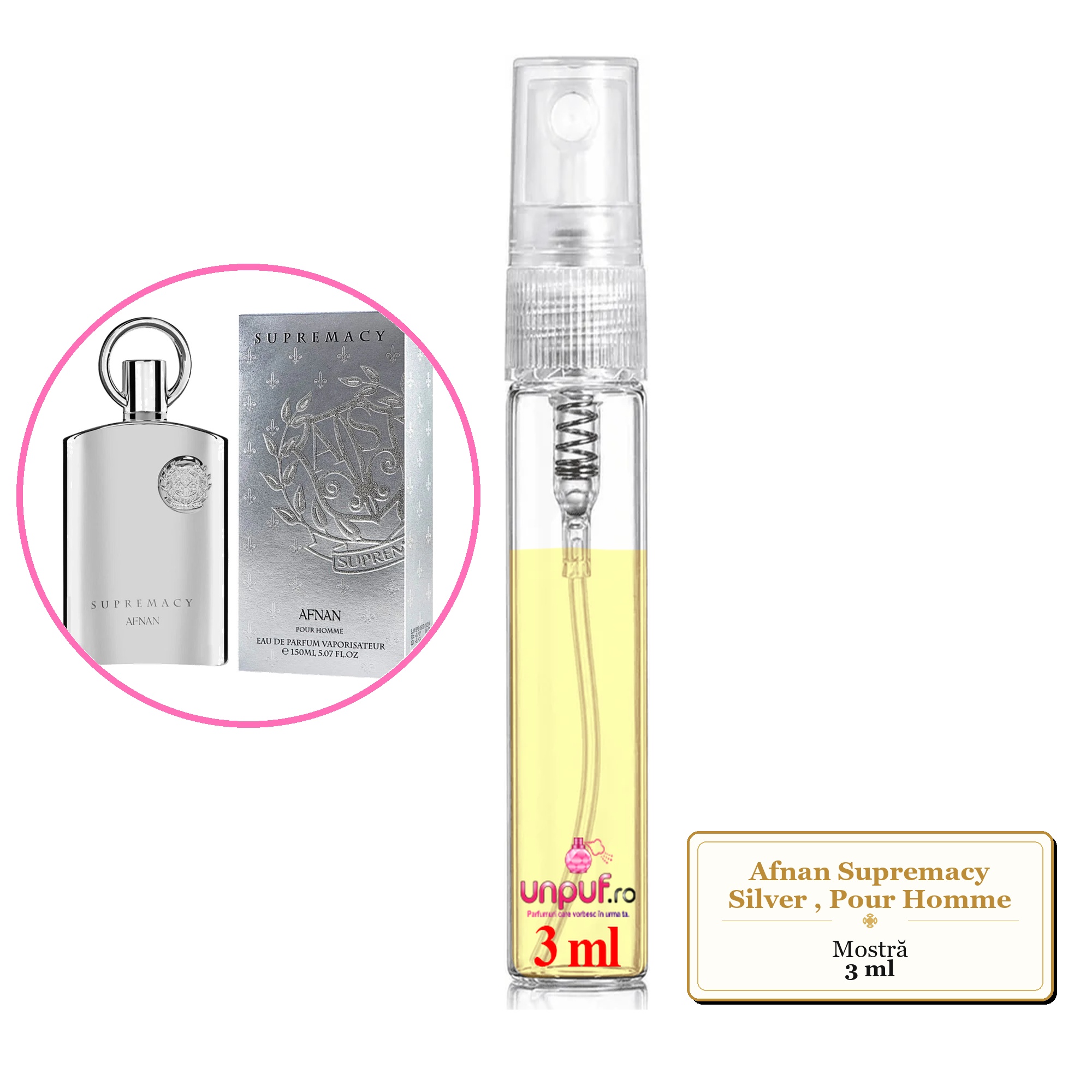 Mostra fiola din Parfumul Afnan Supremacy Silver, Pour Homme, decant sticla cu pulverizator 