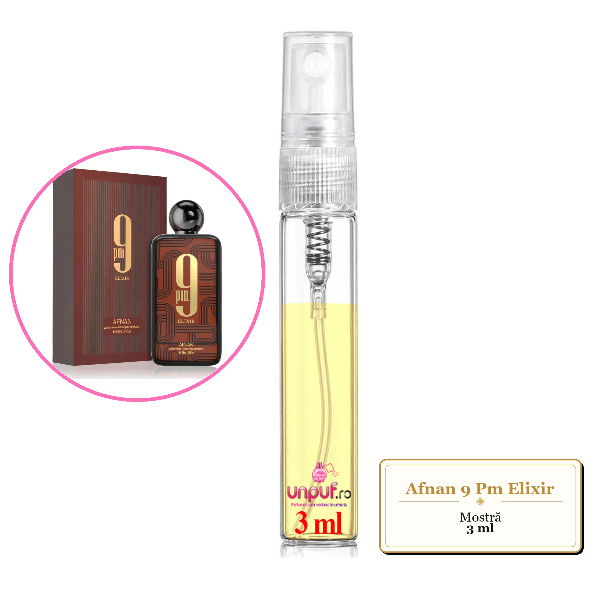 Mostra fiola din Parfumul Afnan 9 Pm Elixir, decant sticla cu pulverizator 