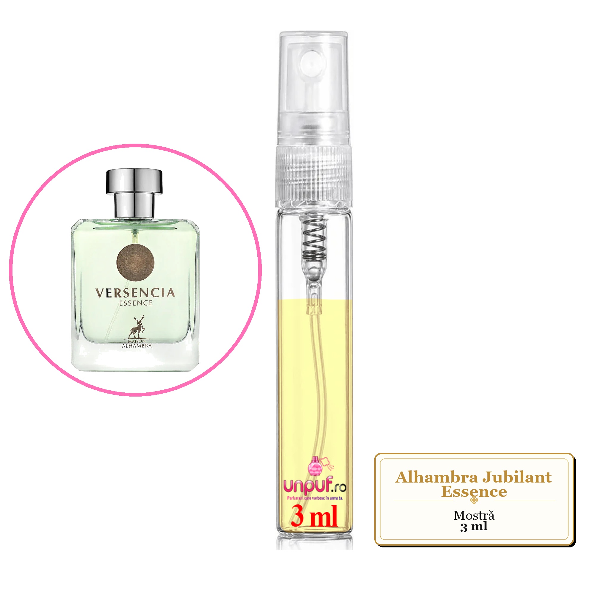 Mostra fiola din Parfumul Alhambra Jubilant Essence, decant sticla cu pulverizator