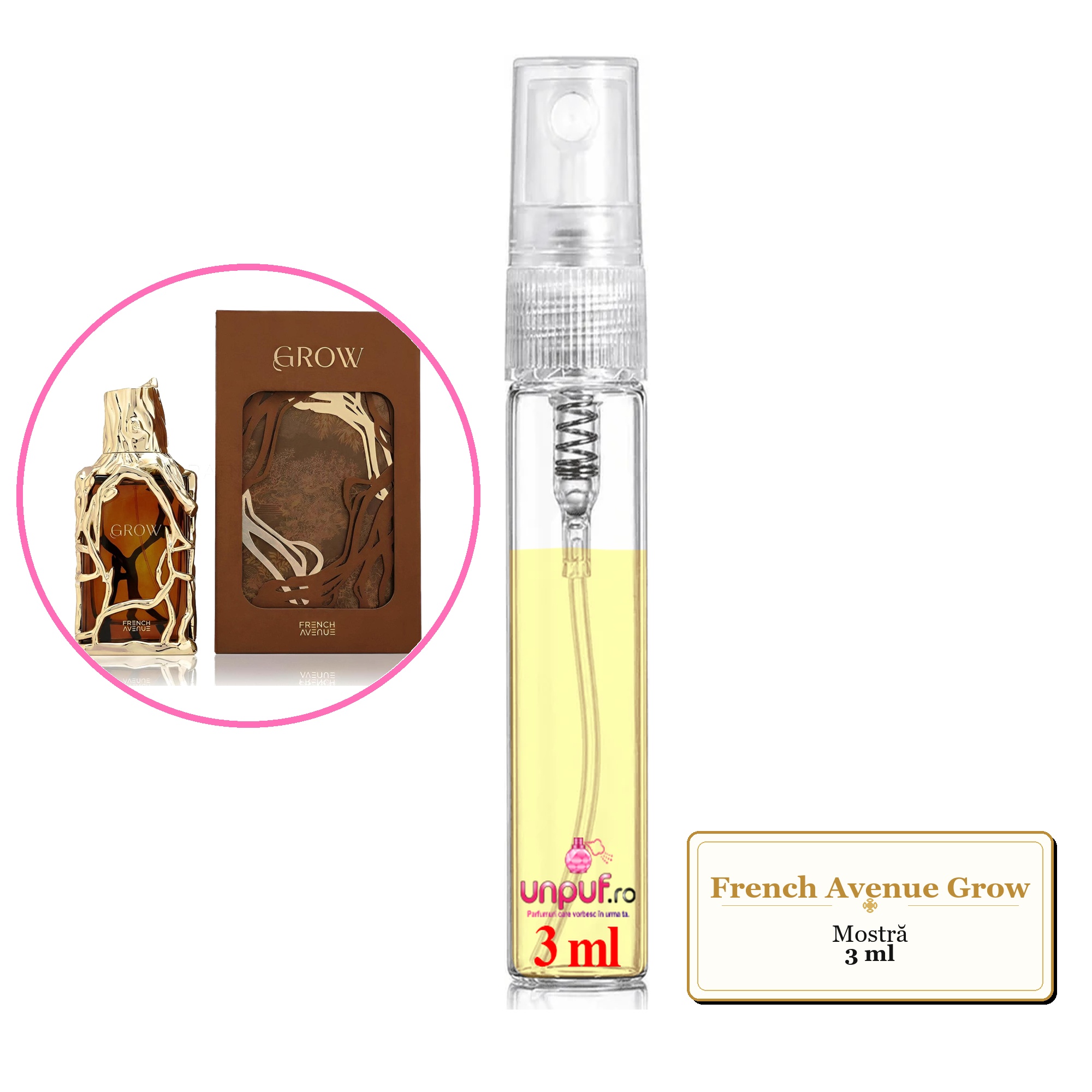 Mostra fiola din Parfumul French Avenue Grow, decant sticla cu pulverizator