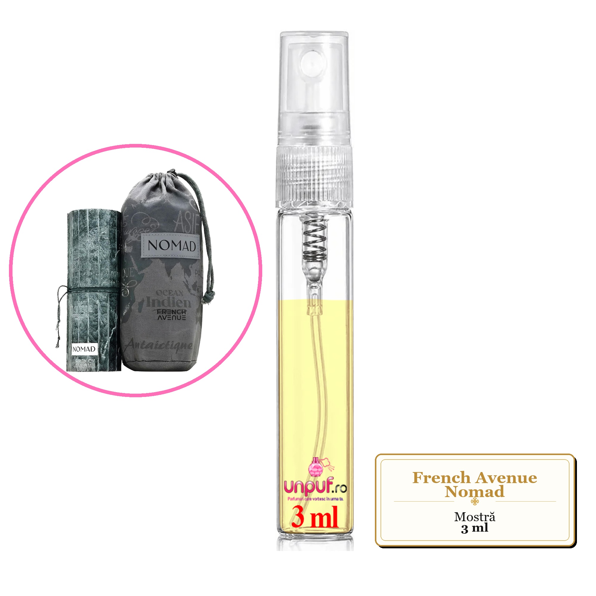 Mostra fiola din Parfumul French Avenue Nomad, decant sticla cu pulverizator 