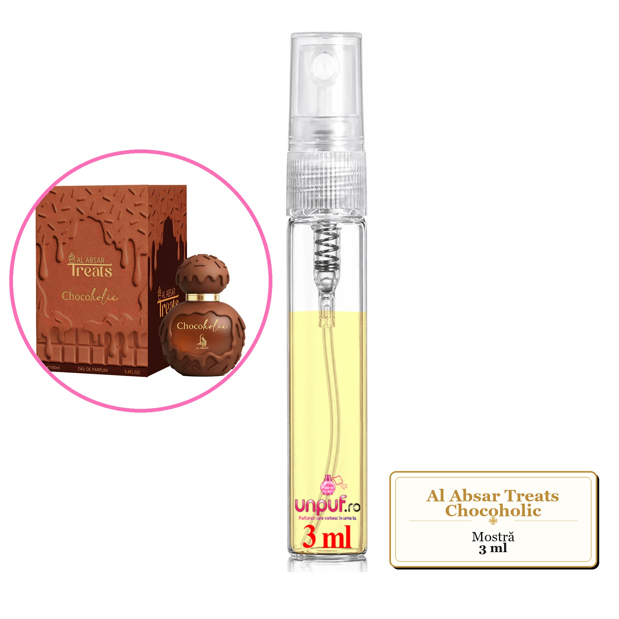 Mostra fiola din Parfumul Al Absar Treats Chocoholic, decant sticla cu pulverizator 