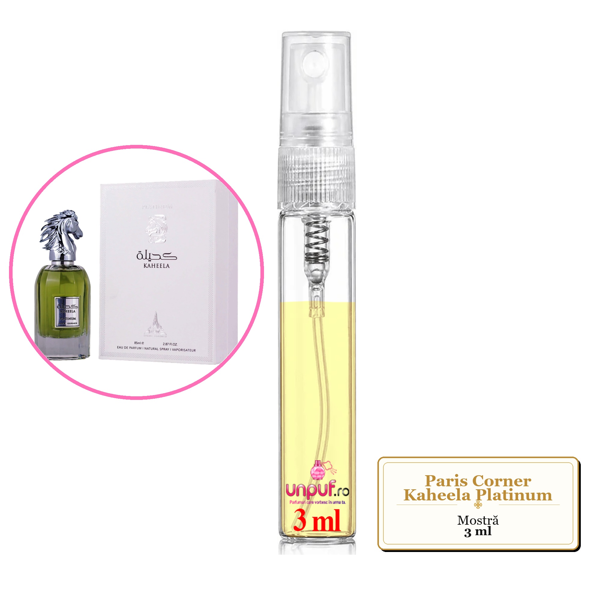 Mostra fiola din Parfumul Paris Corner Kaheela Platinum, decant sticla cu pulverizator