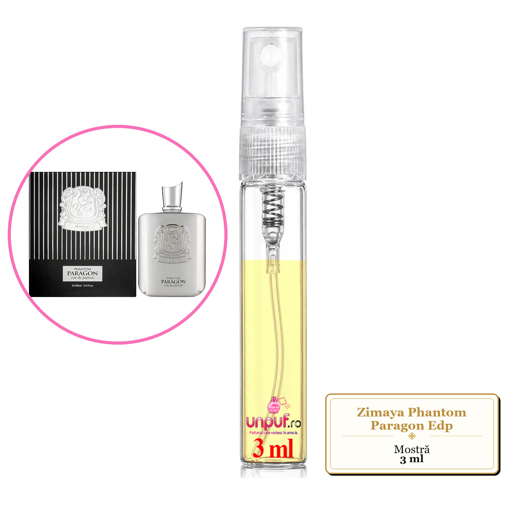 Mostra fiola din Parfumul Zimaya Phantom Paragon Edp, decant sticla cu pulverizator